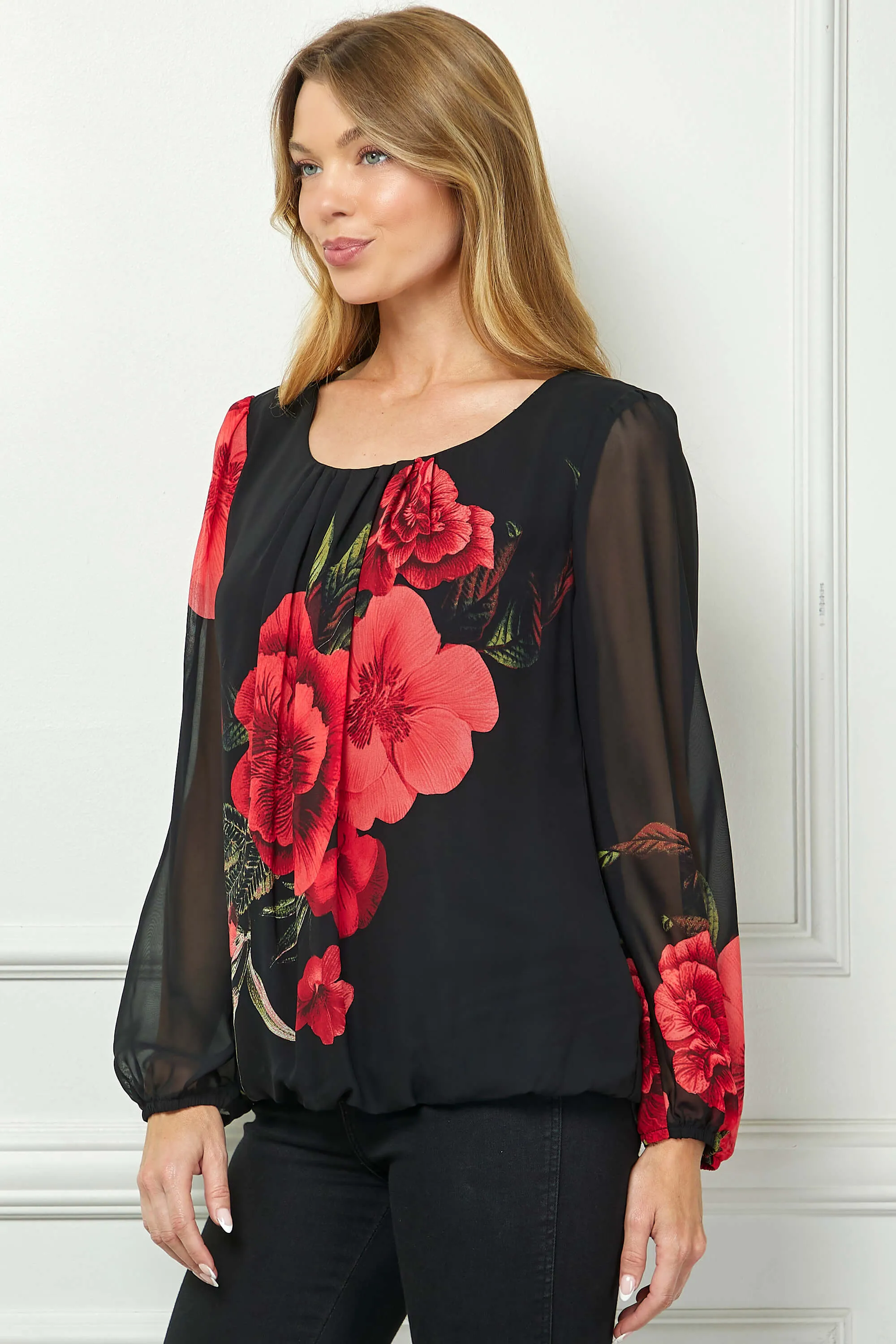 Long Sleeve Pleat Neck Placement Print Bubble Blouse in Black sold by Dress Barn product image thumbnail 3
