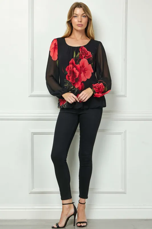 Long Sleeve Pleat Neck Placement Print Bubble Blouse in Black sold by Dress Barn