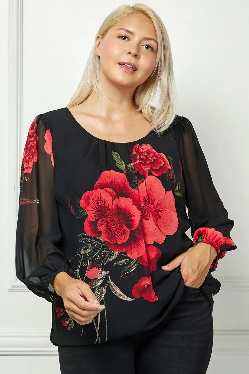 Long Sleeve Pleat Neck Placement Print Bubble Blouse in Black - Plus sold by Dress Barn product image thumbnail 2