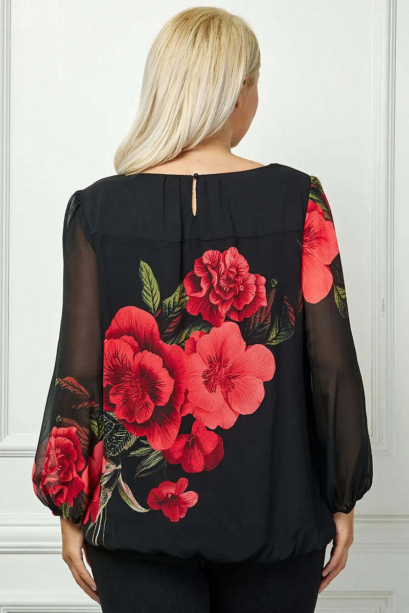 Long Sleeve Pleat Neck Placement Print Bubble Blouse in Black - Plus sold by Dress Barn product image thumbnail 4
