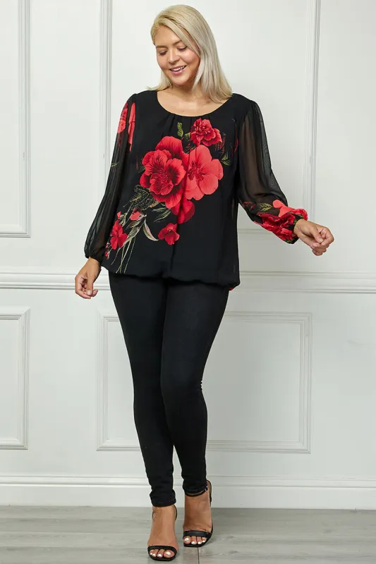 Long Sleeve Pleat Neck Placement Print Bubble Blouse in Black - Plus sold by Dress Barn