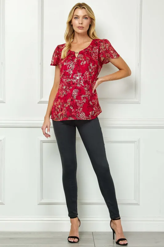 Short Flutter Sleeve Cutout Neck Blouse in Burgundy sold by Dress Barn