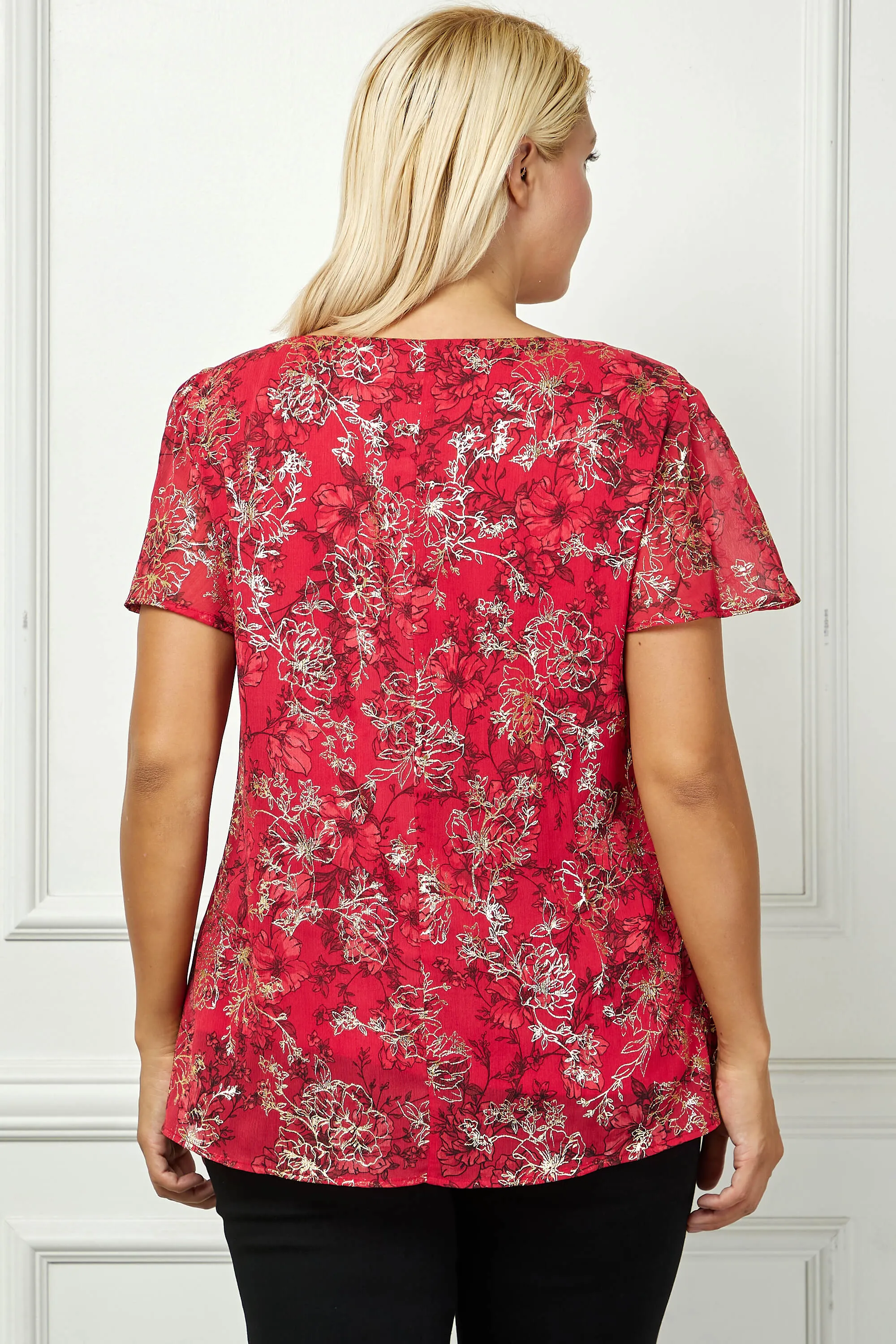 Short Flutter Sleeve Cutout Neck Blouse in Burgundy - Plus sold by Dress Barn product image thumbnail 4