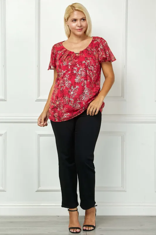 Short Flutter Sleeve Cutout Neck Blouse in Burgundy - Plus sold by Dress Barn
