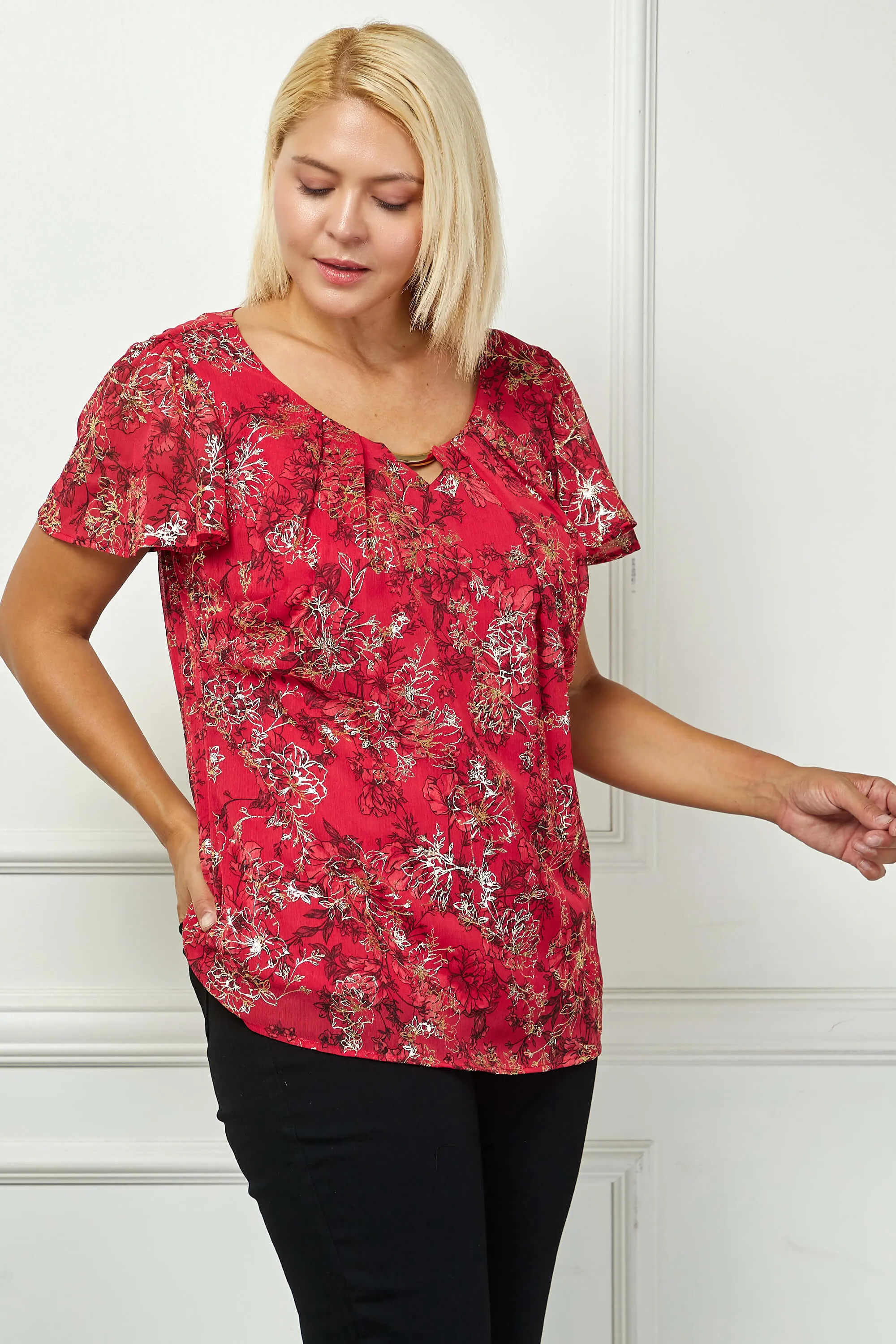 Short Flutter Sleeve Cutout Neck Blouse in Burgundy - Plus sold by Dress Barn product image thumbnail 3