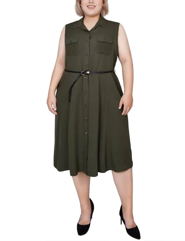 Oil Green Sleeveless Belted Dress - Plus sold by Dress Barn