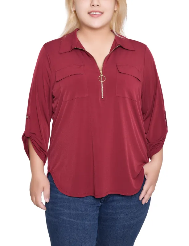 NY Collection Plus Size 3/4 Roll Tab Zip Front Top - Burgandy sold by Dress Barn