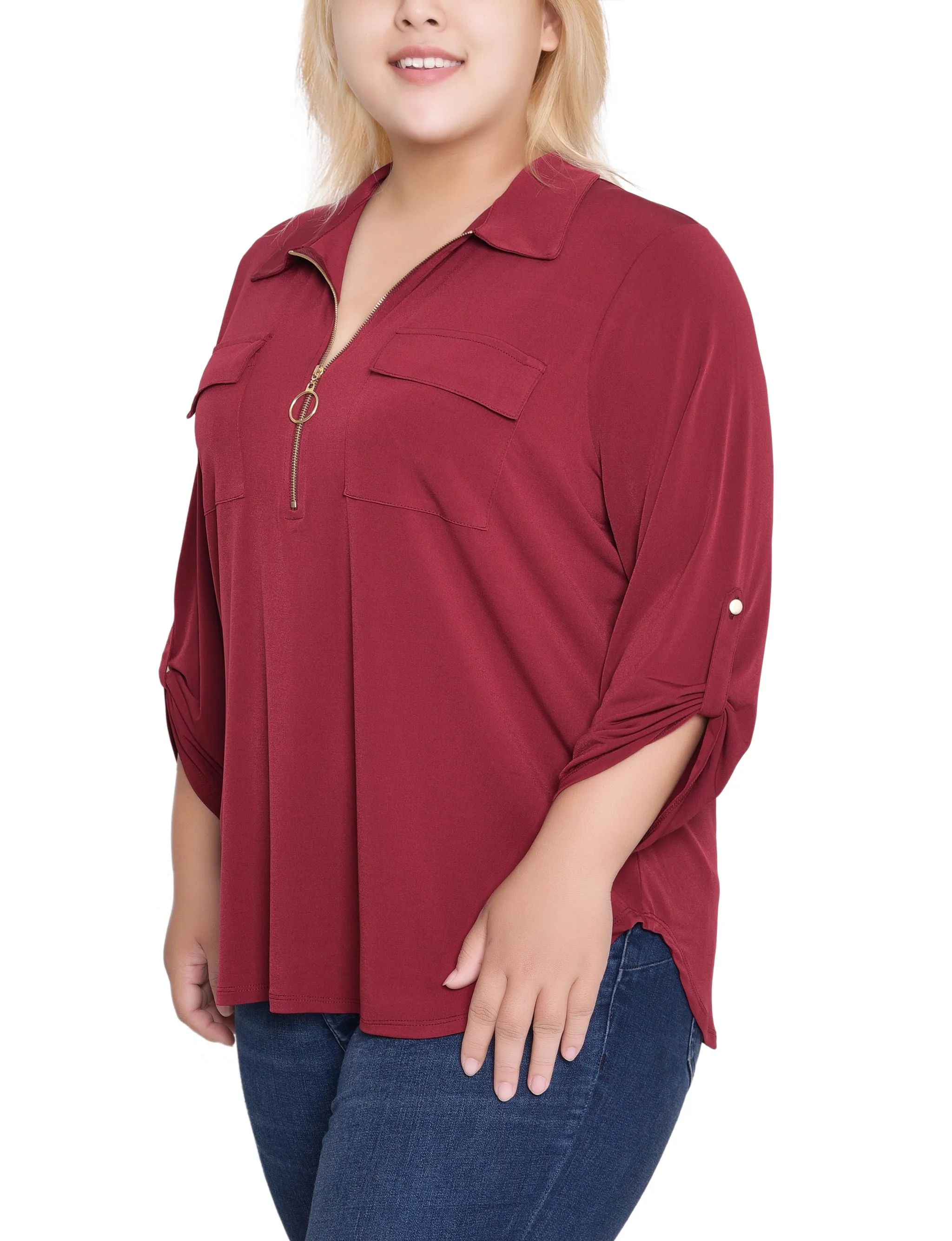 NY Collection Plus Size 3/4 Roll Tab Zip Front Top - Burgandy sold by Dress Barn product image thumbnail 2