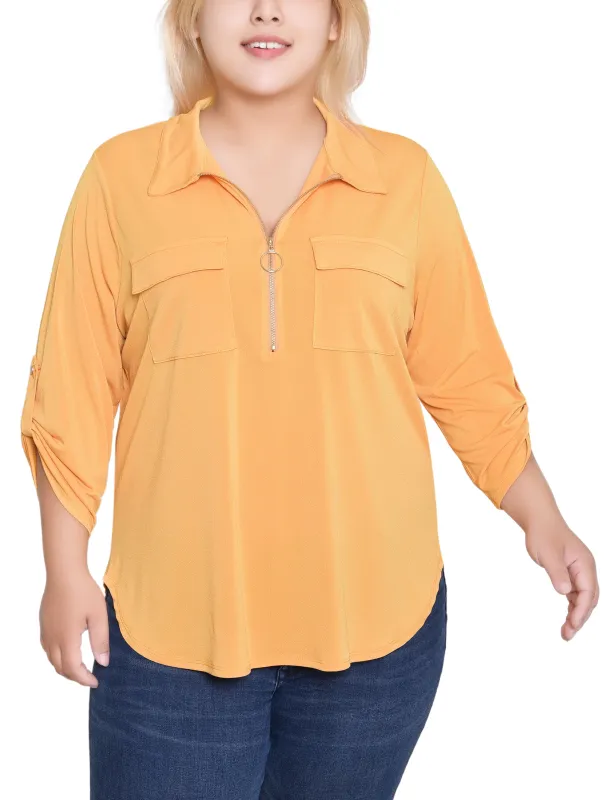 NY Collection Plus Size 3/4 Roll Tab Zip Front Top - Golden Glow sold by Dress Barn