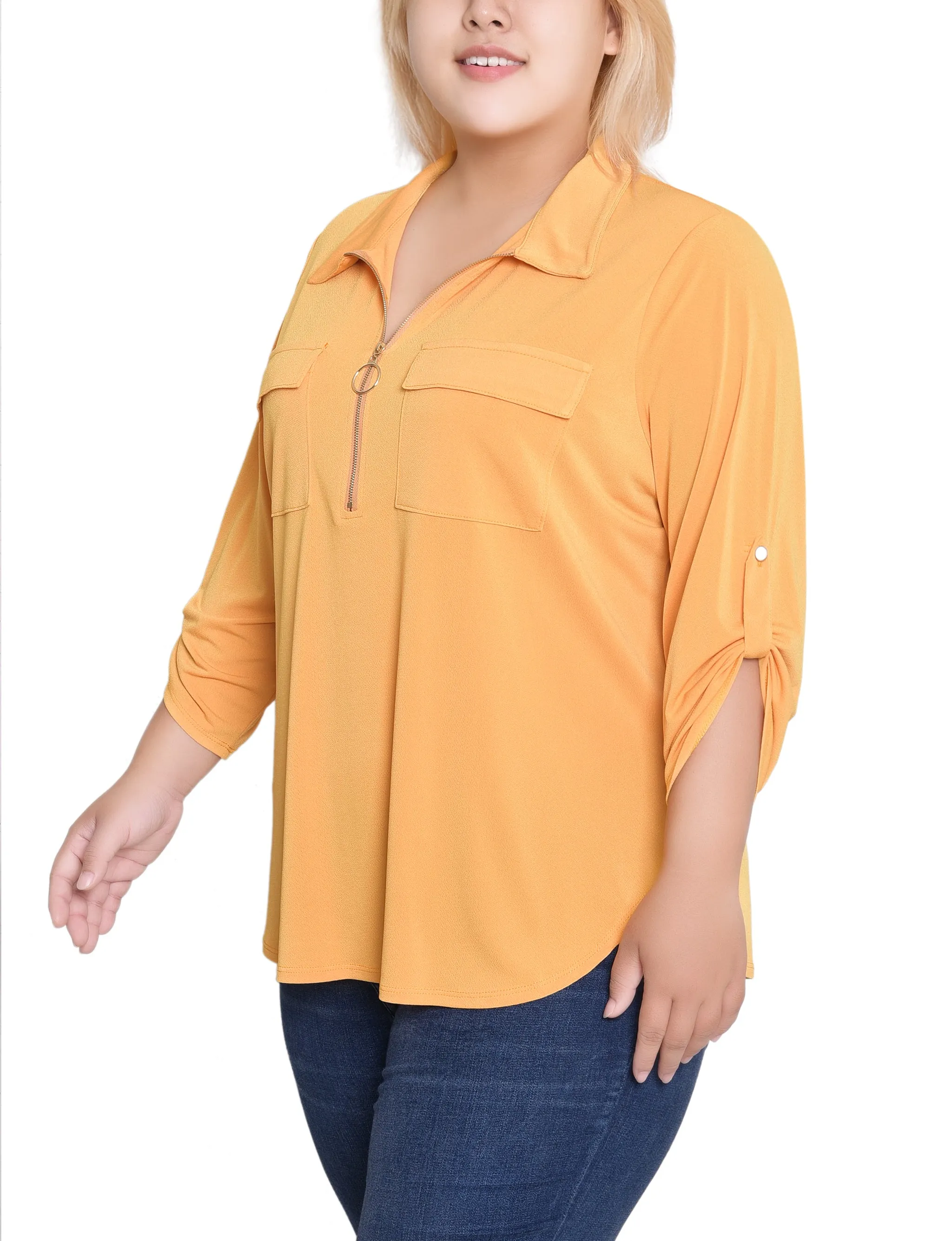 NY Collection Plus Size 3/4 Roll Tab Zip Front Top - Golden Glow sold by Dress Barn product image thumbnail 2