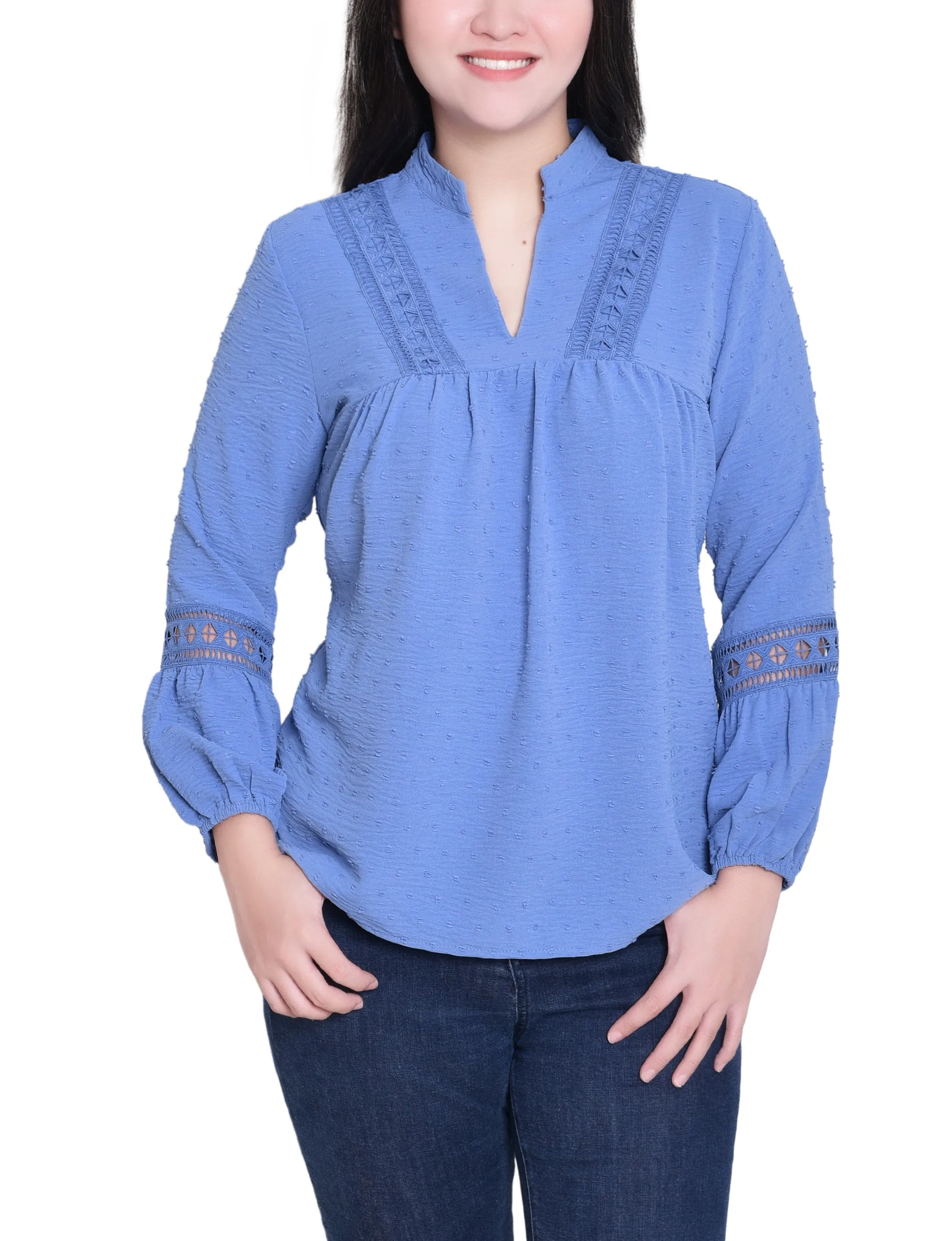 NY Collection Petite Long Sleeve Blouse With Crochet Trim sold by Dress Barn