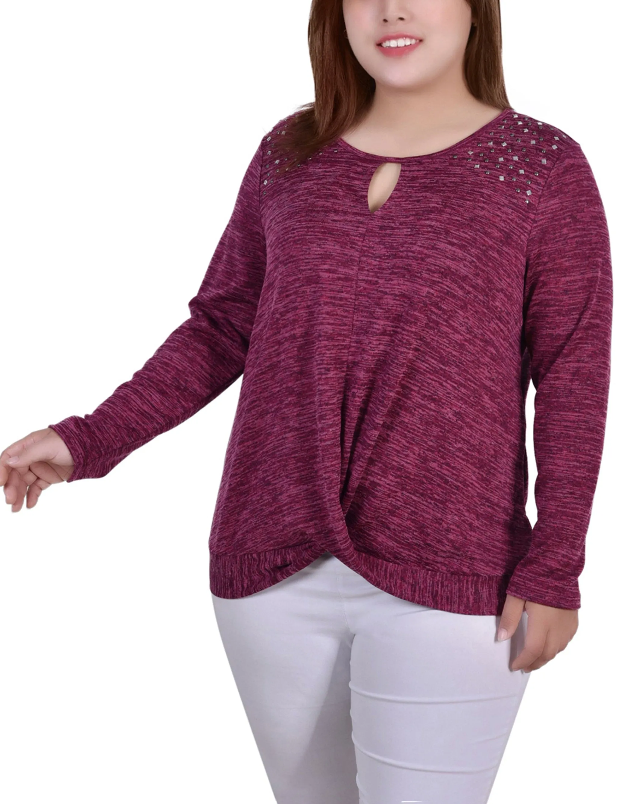 NY Collection Plus Size Long Sleeve Knit Keyhole Top With Studs sold by Dress Barn