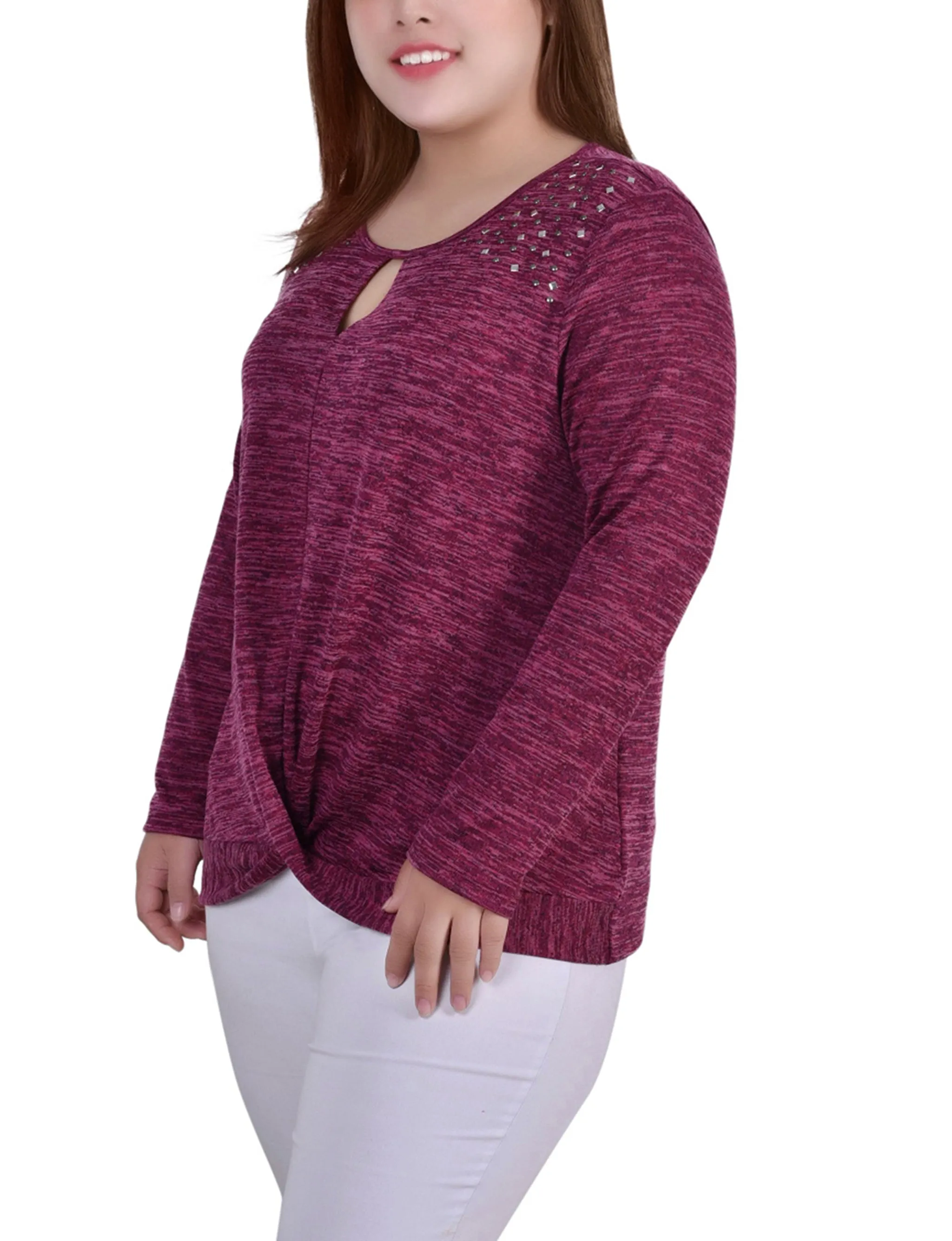 NY Collection Plus Size Long Sleeve Knit Keyhole Top With Studs sold by Dress Barn product image thumbnail 2