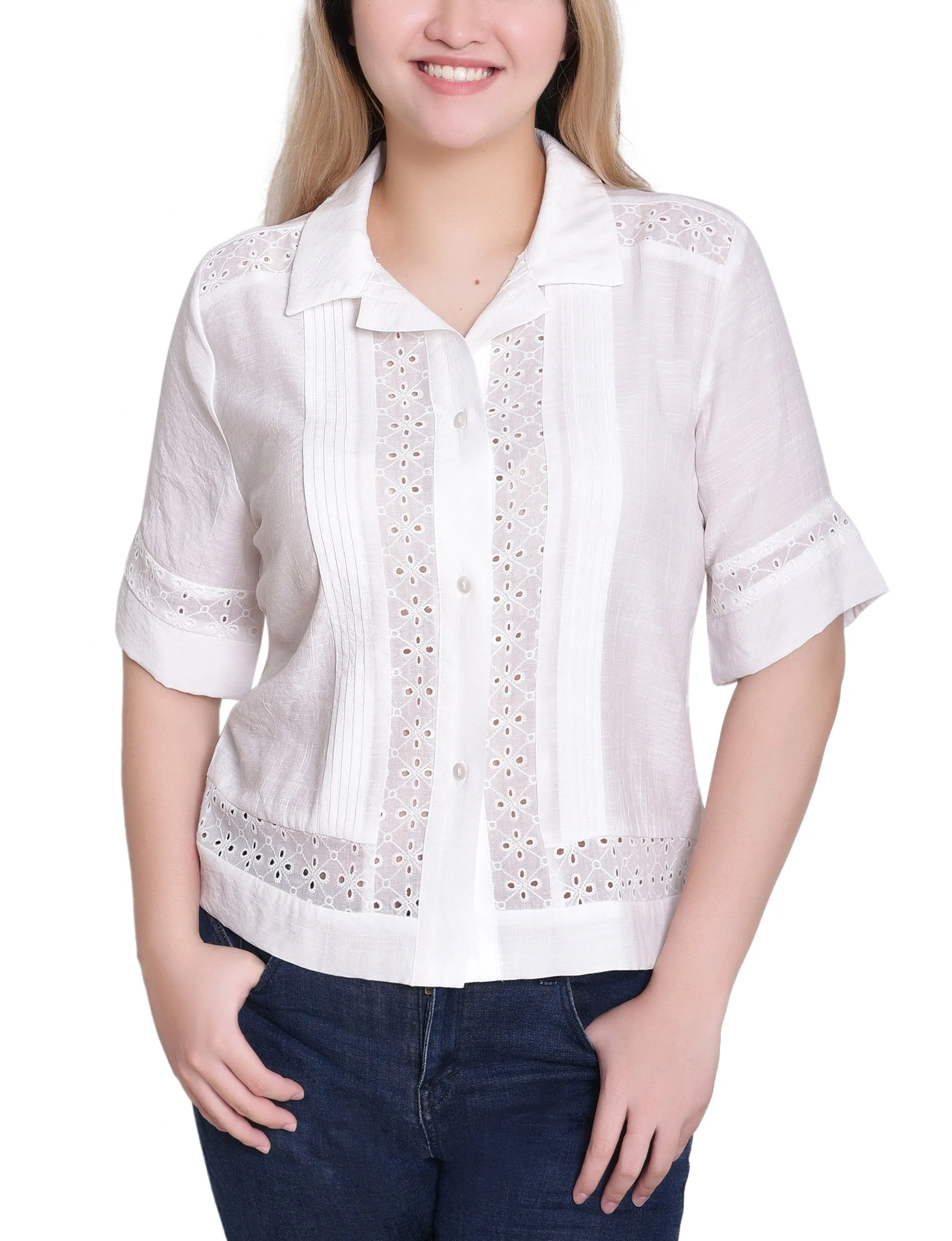 NY Collection Short Sleeve Eyelet-Inset Blouse sold by Dress Barn