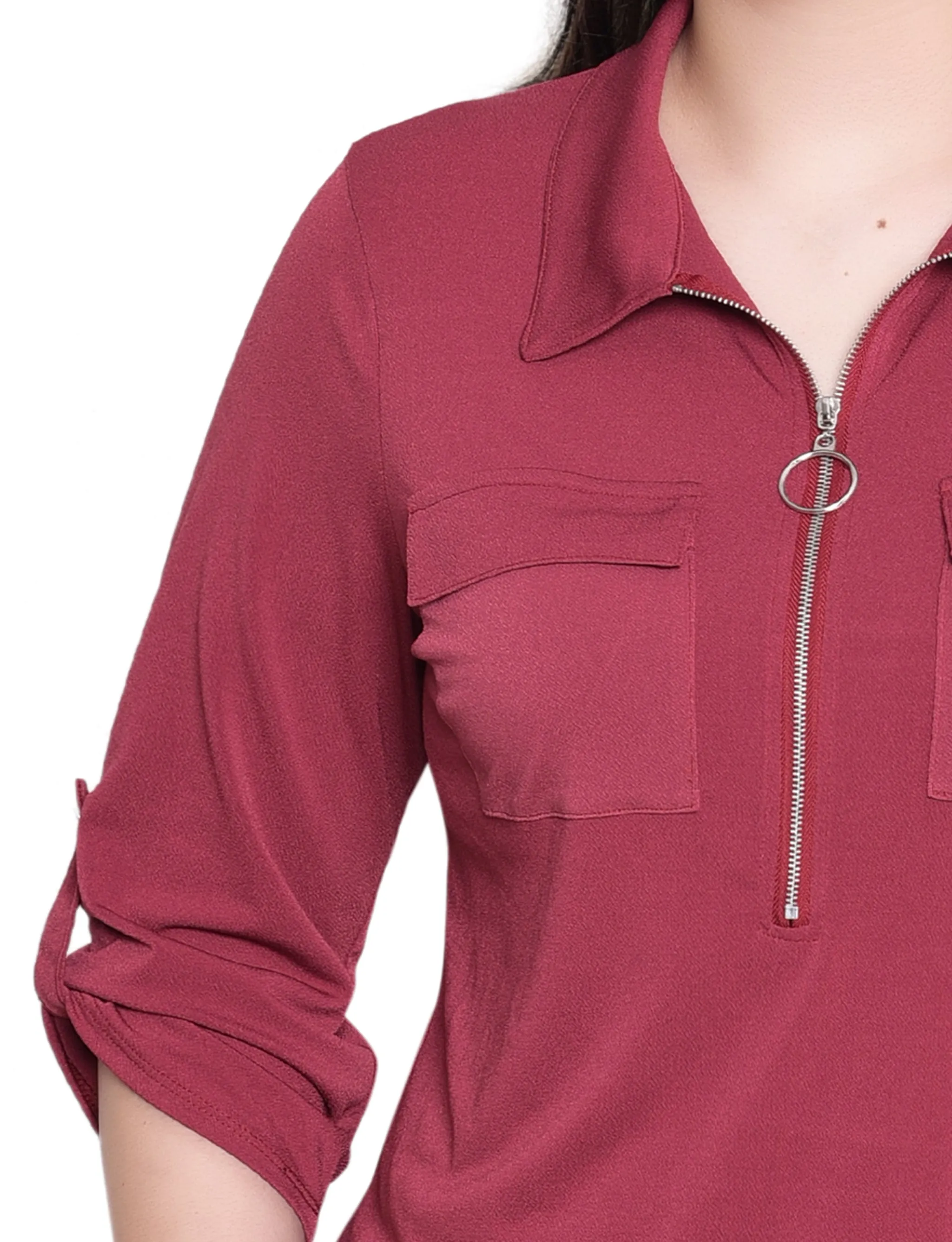 NY Collection Missy 3/4 Roll Tab Zip Front Top - Burgandy sold by Dress Barn product image thumbnail 3