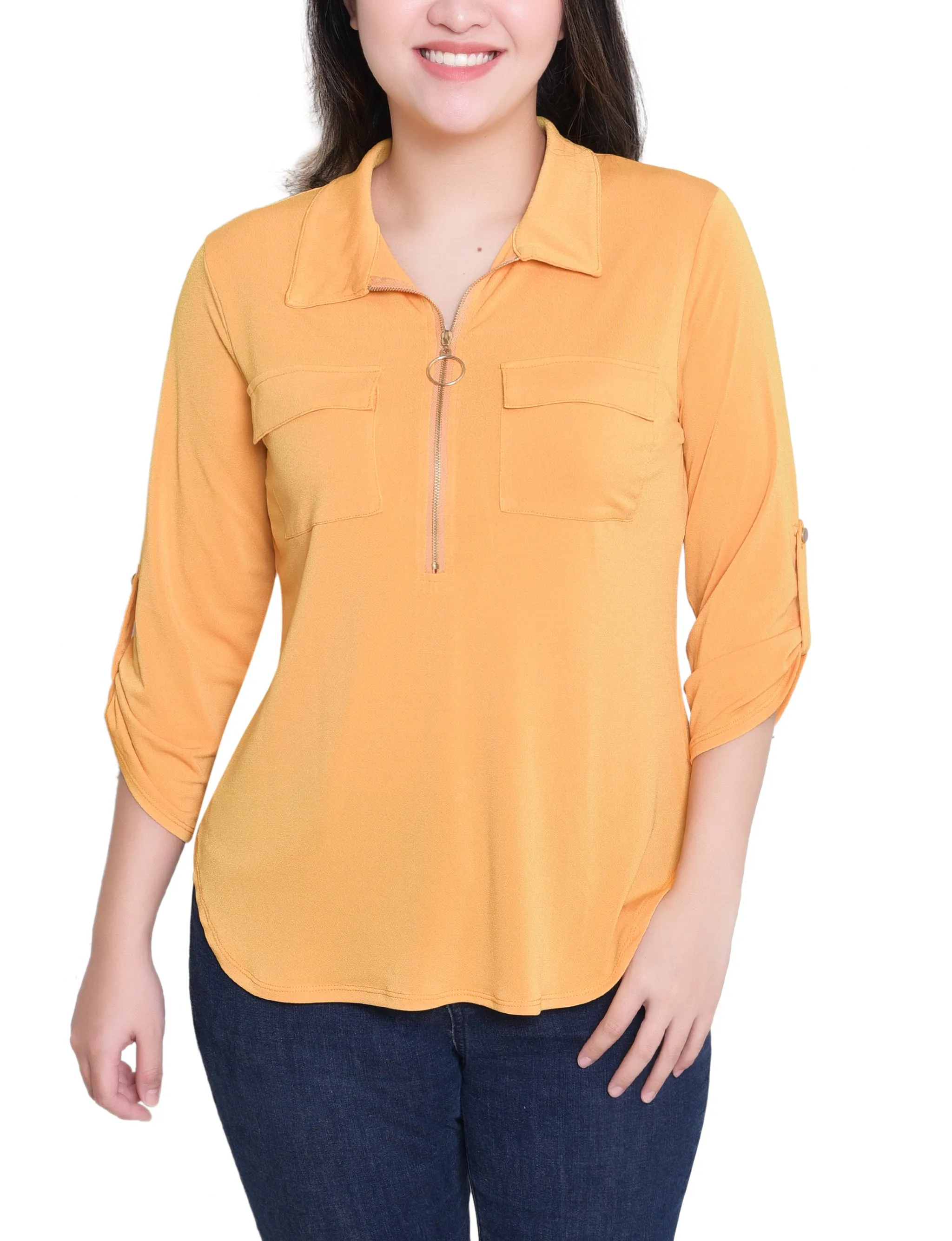 NY Collection Missy 3/4 Roll Tab Zip Front Top - Golden Glow sold by Dress Barn