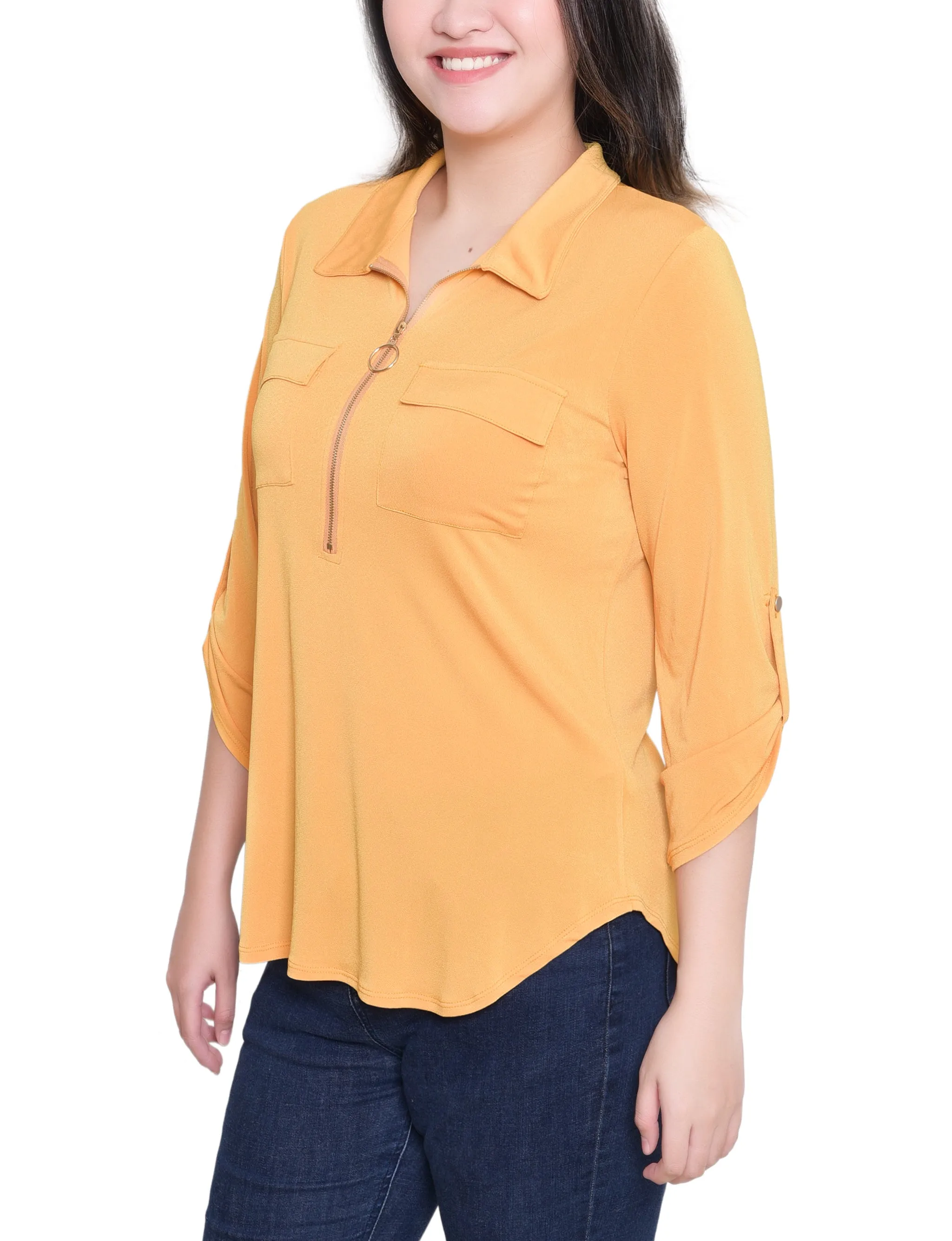 NY Collection Missy 3/4 Roll Tab Zip Front Top - Golden Glow sold by Dress Barn product image thumbnail 2
