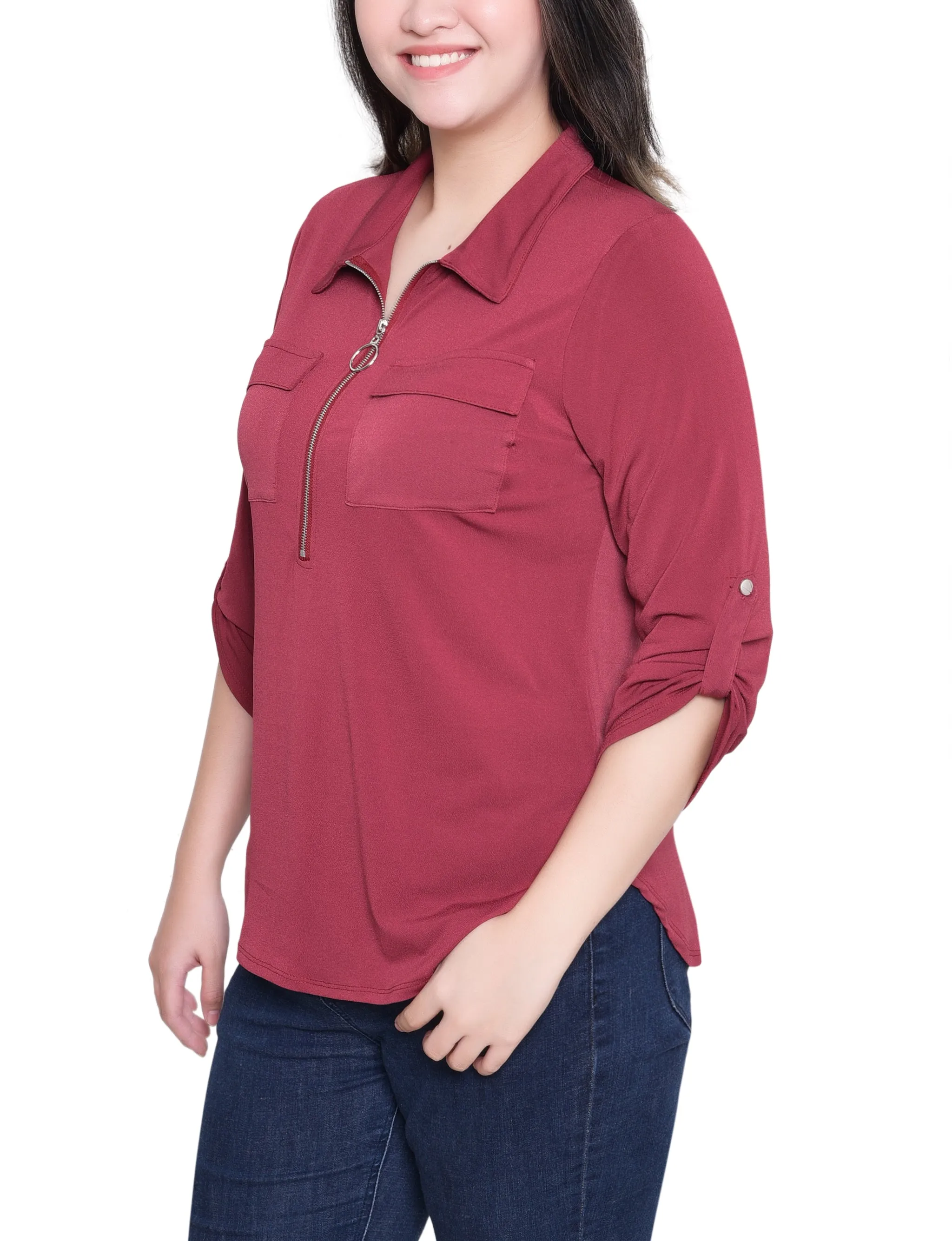 NY Collection Petite 3/4 Roll Tab Zip Front Top - Burgandy sold by Dress Barn product image thumbnail 2