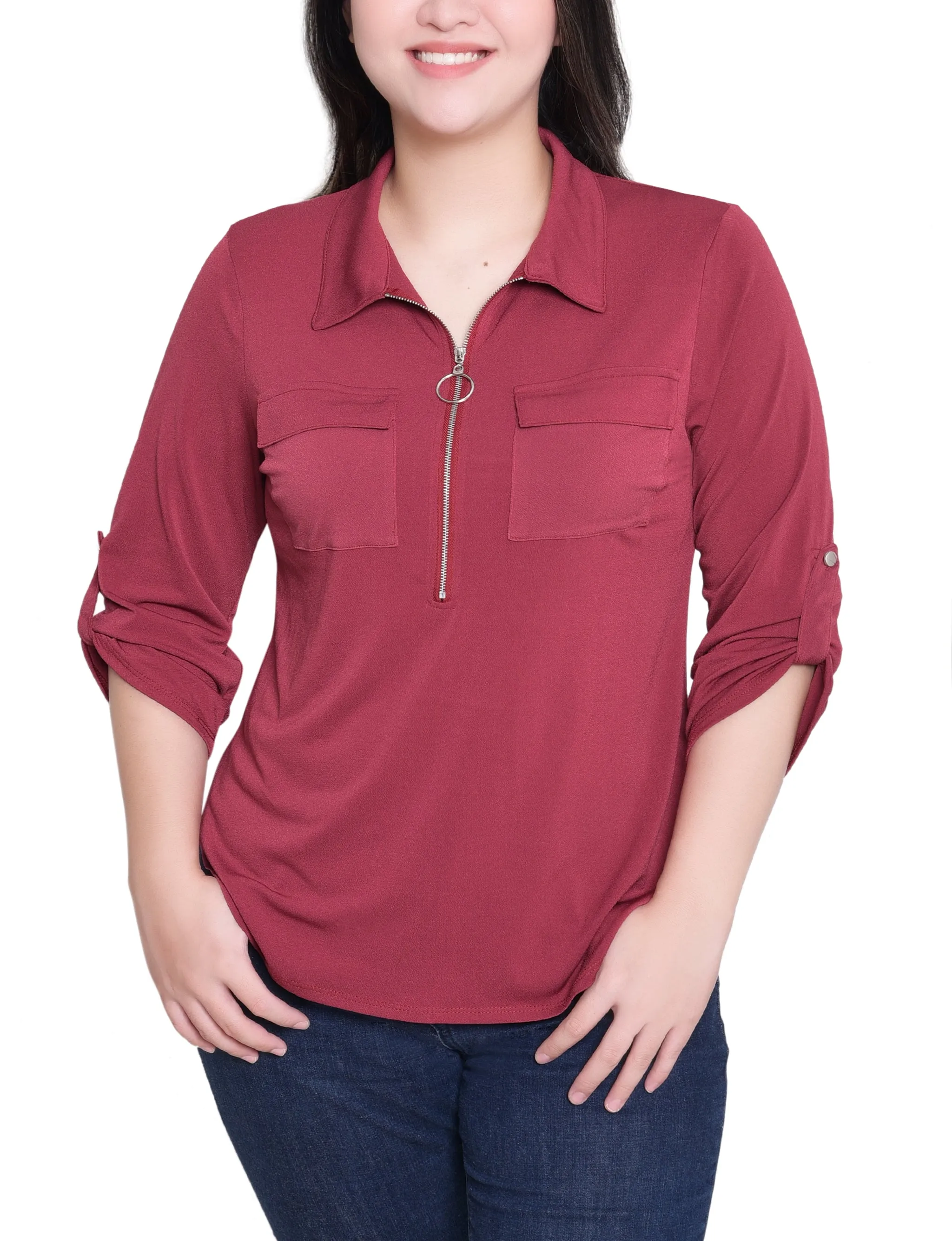 NY Collection Petite 3/4 Roll Tab Zip Front Top - Burgandy sold by Dress Barn