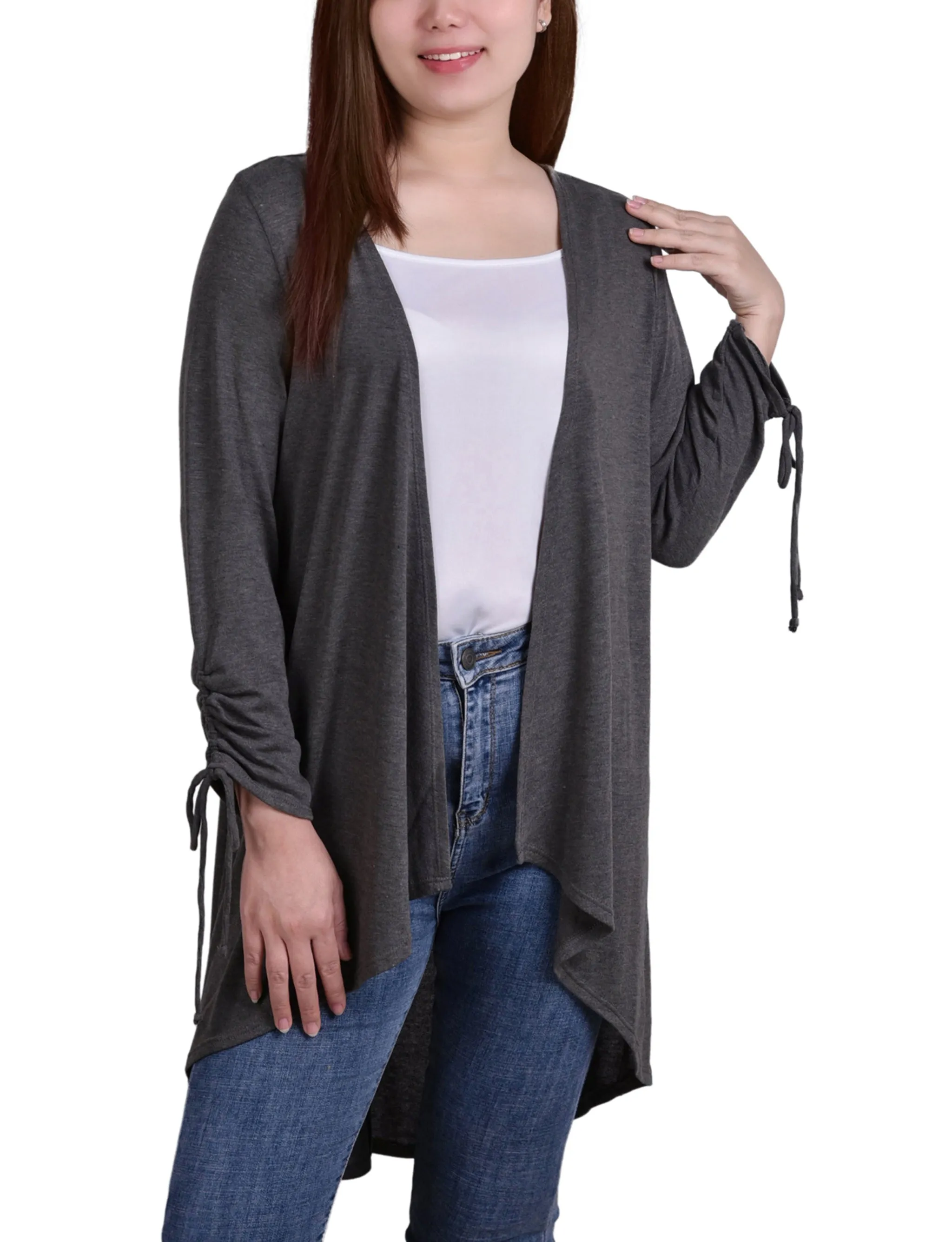 NY Collection Missy Long Sleeve Hi Lo Hem Cardigan - Dark Heather sold by Dress Barn