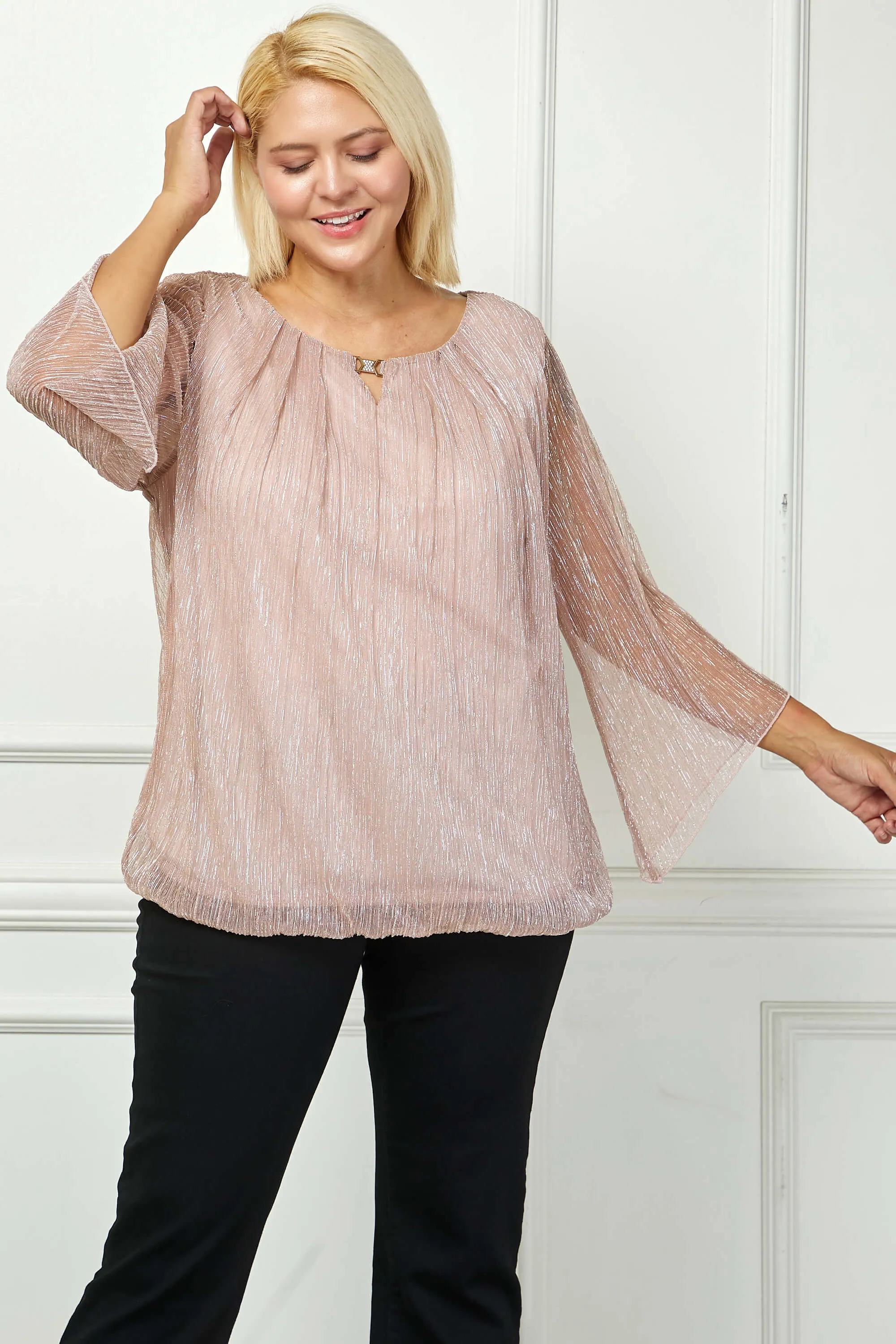 3/4 Flare Sleeve Cutout Neck Bubble Blouse - Pink - Plus sold by Dress Barn product image thumbnail 2