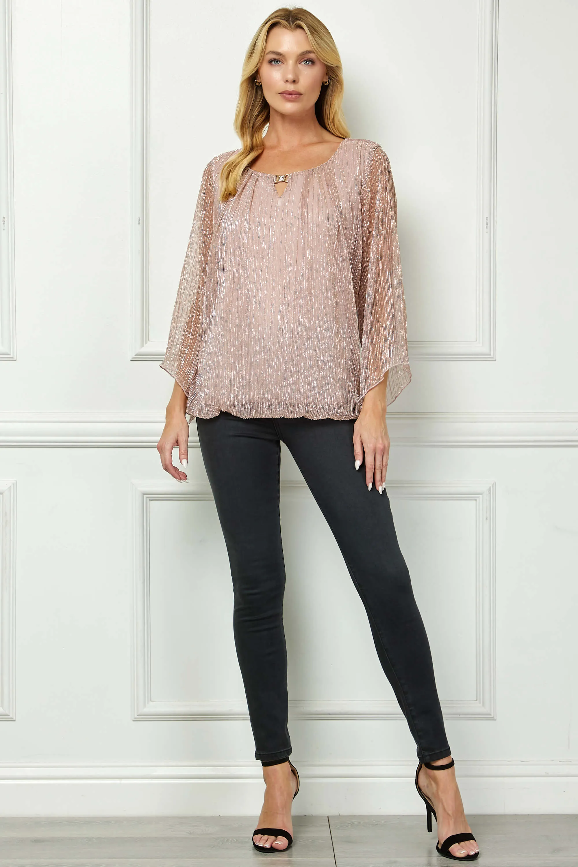 3/4 Flare Sleeve Cutout Neck Bubble Blouse - Pink sold by Dress Barn
