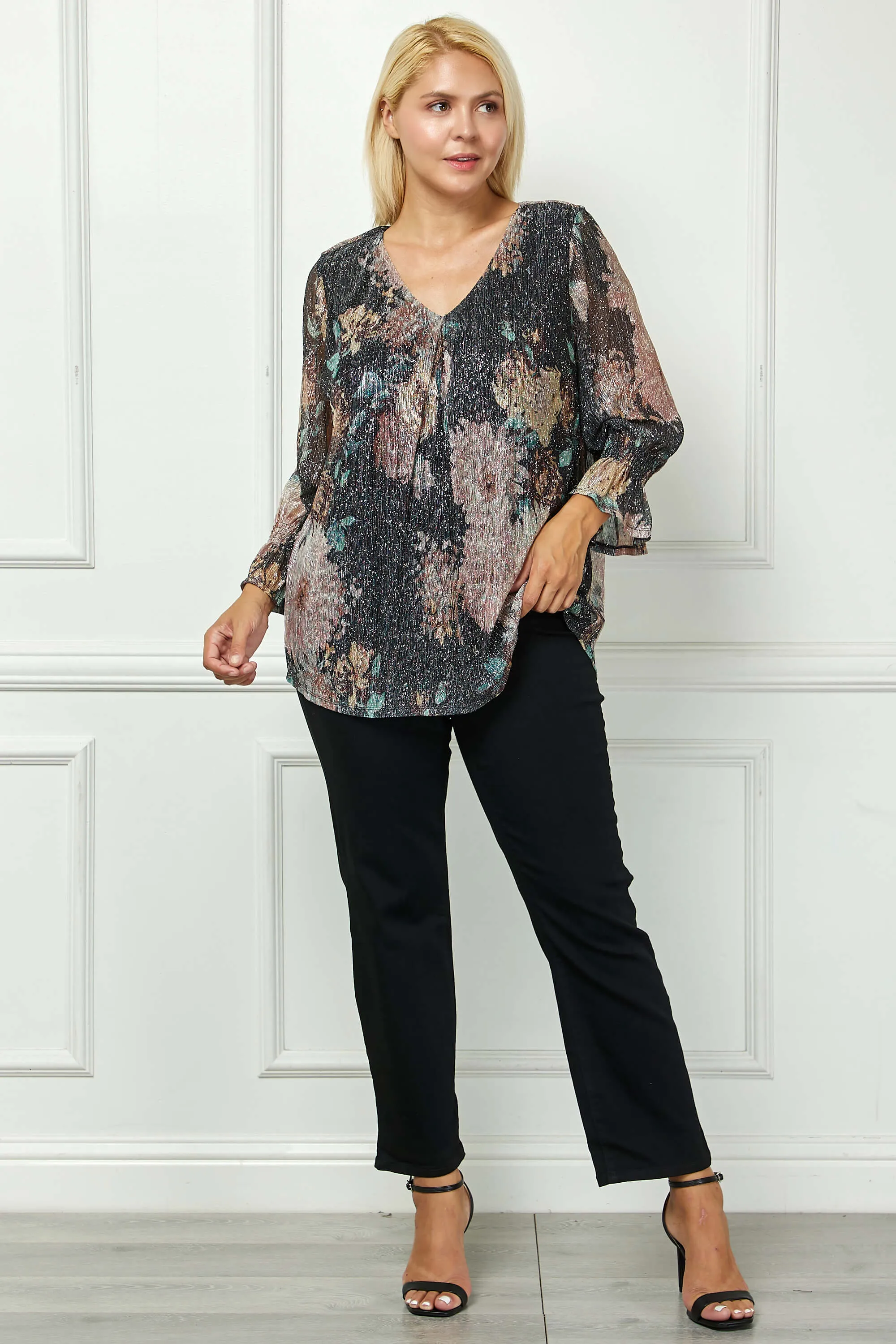 3/4 Ruffle Sleeve V-Neck Blouse - Black - Plus sold by Dress Barn
