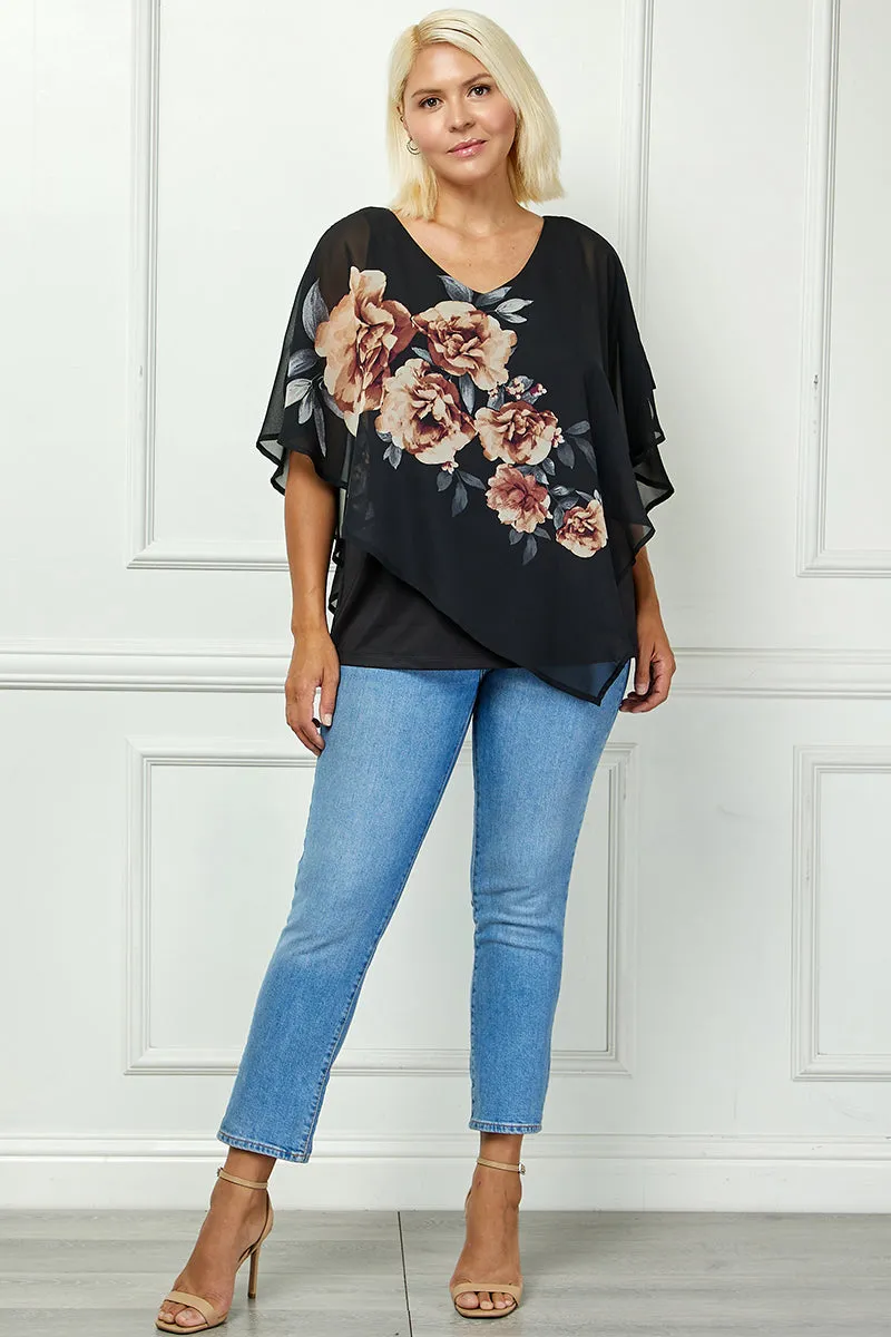 Cold Shoulder Tie Sleeve Poncho with V-neck Tank Blouse - Black - Plus sold by Dress Barn