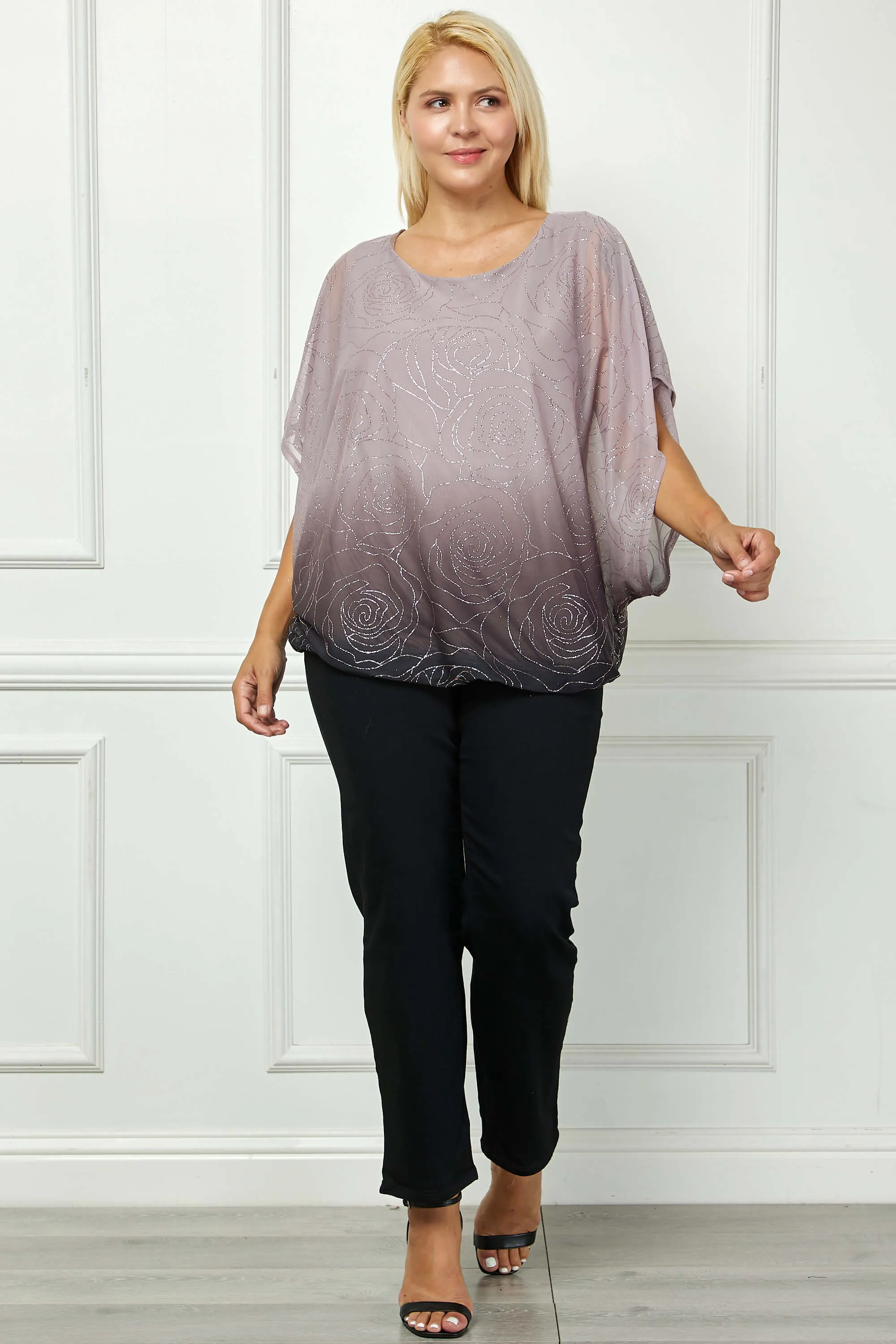 Elbow Sleeve Poncho Knot Back Bubble Blouse - Purple - Plus sold by Dress Barn