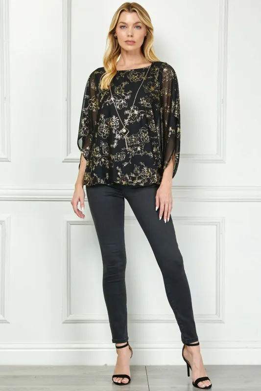 Elbow Sleeve Poncho Necklace Bubble Blouse - Black sold by Dress Barn