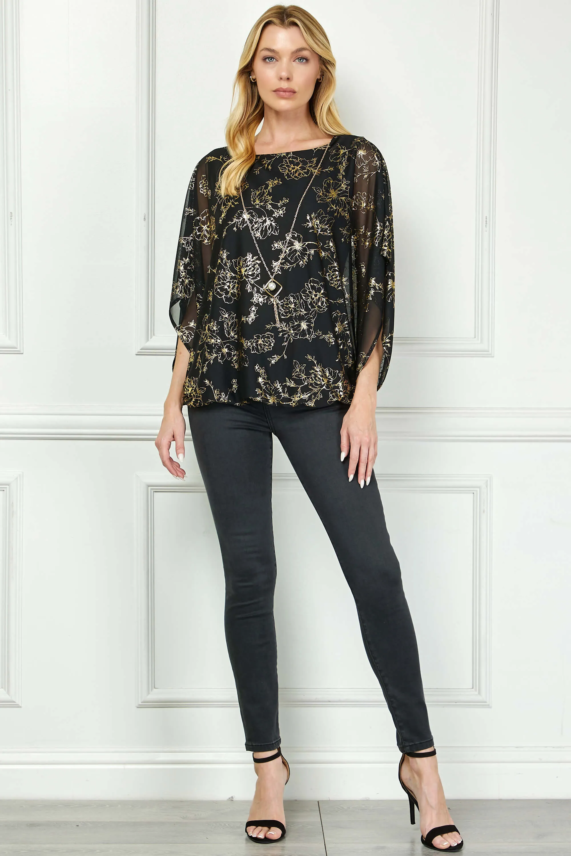 Elbow Sleeve Poncho Necklace Bubble Blouse - Black sold by Dress Barn