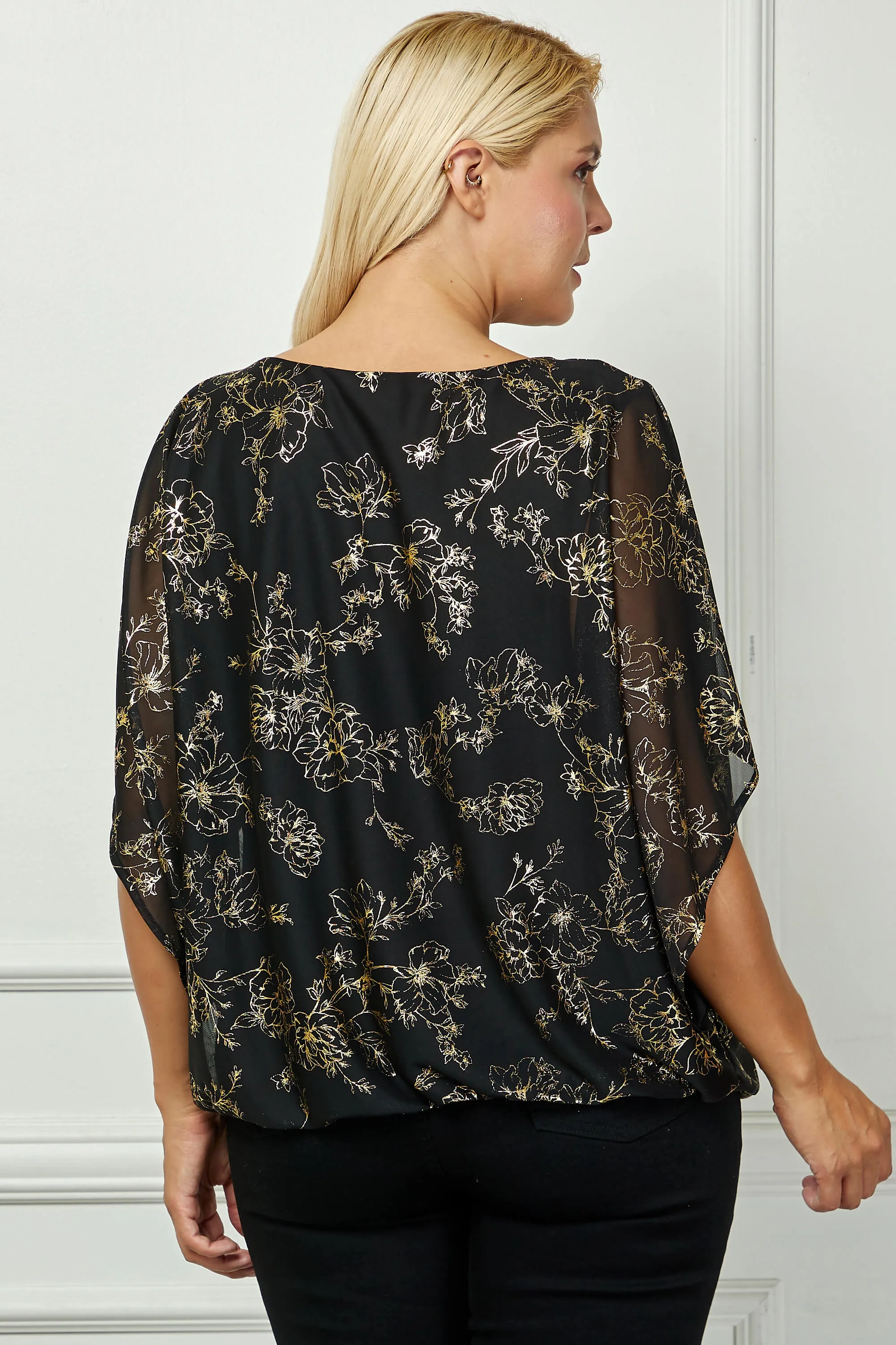 Elbow Sleeve Poncho Necklace Bubble Blouse - Black - Plus sold by Dress Barn product image thumbnail 3