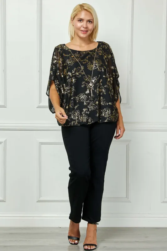Elbow Sleeve Poncho Necklace Bubble Blouse - Black - Plus sold by Dress Barn