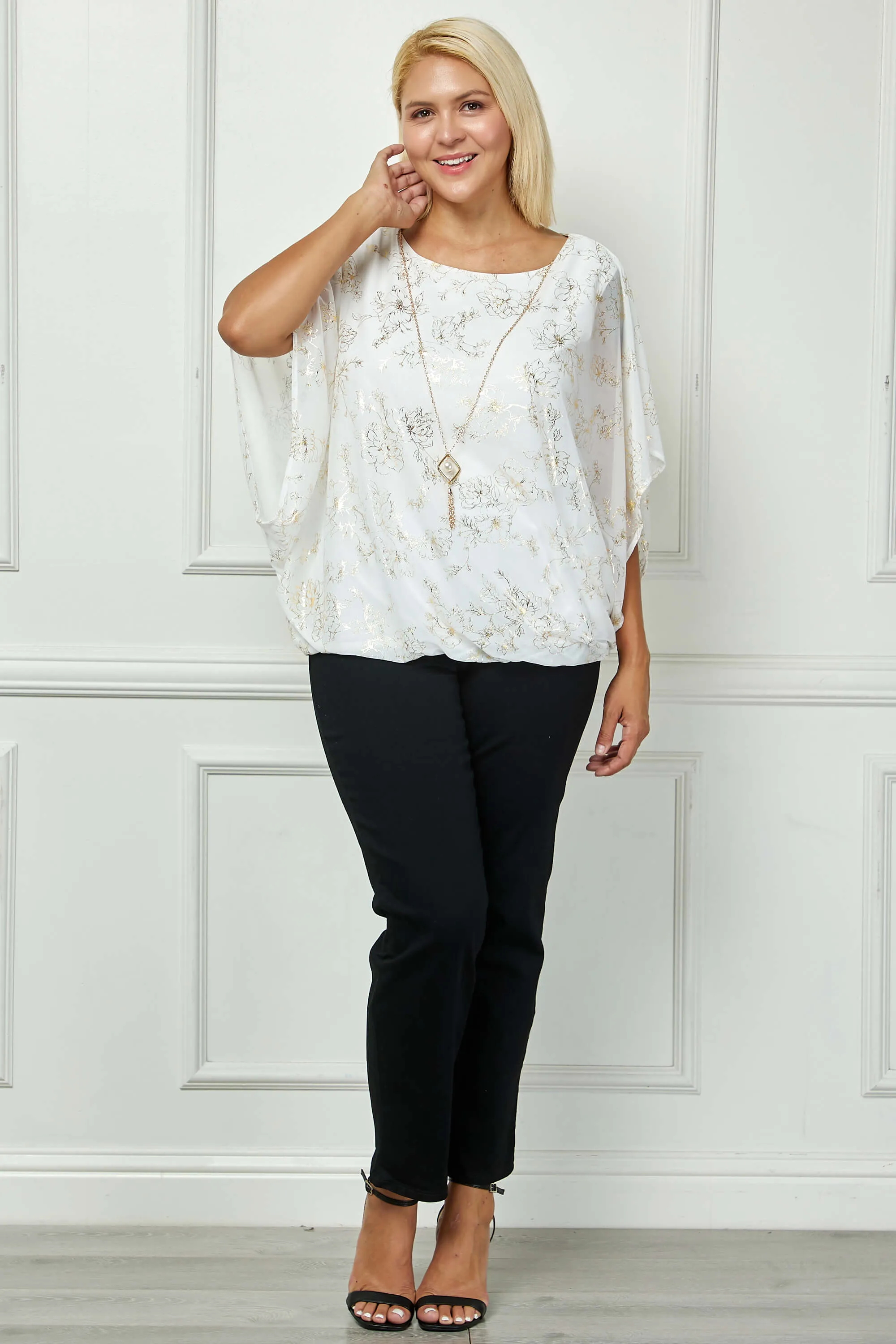 Elbow Sleeve Poncho Necklace Bubble Blouse - White - Plus sold by Dress Barn