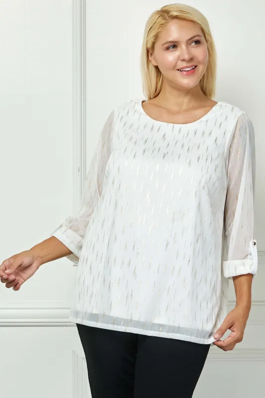 3/4 Button Tab Sleeve Scoop Neck Foil Blouse in Ivory - Plus made by Dress Barn