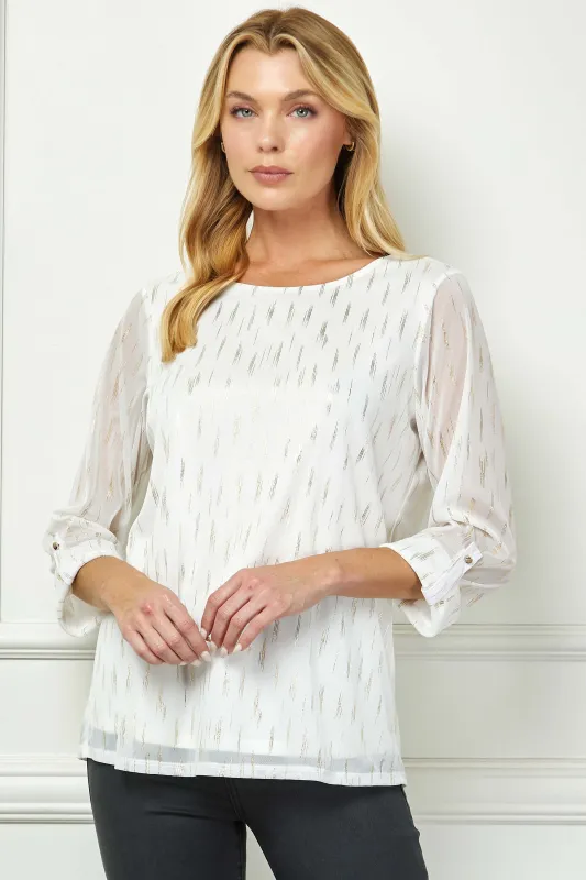 3/4 Button Tab Sleeve Scoop Neck Foil Blouse in Ivory made by Dress Barn