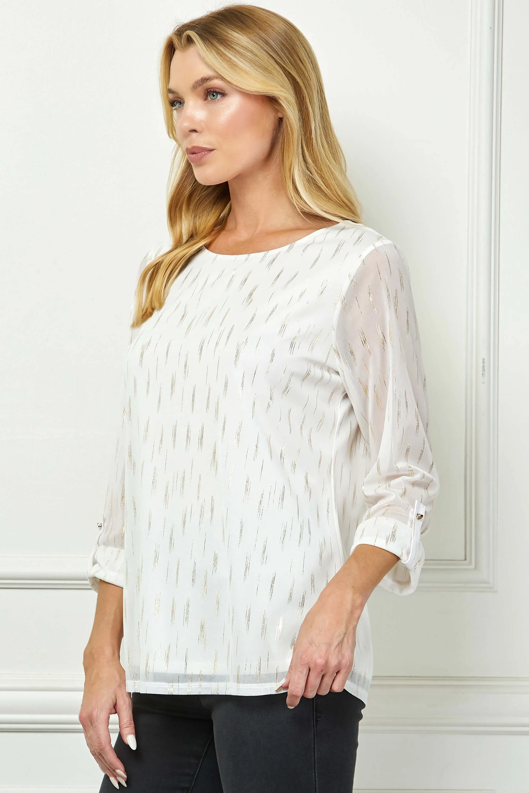 3/4 Button Tab Sleeve Scoop Neck Foil Blouse in Ivory sold by Dress Barn product image thumbnail 3