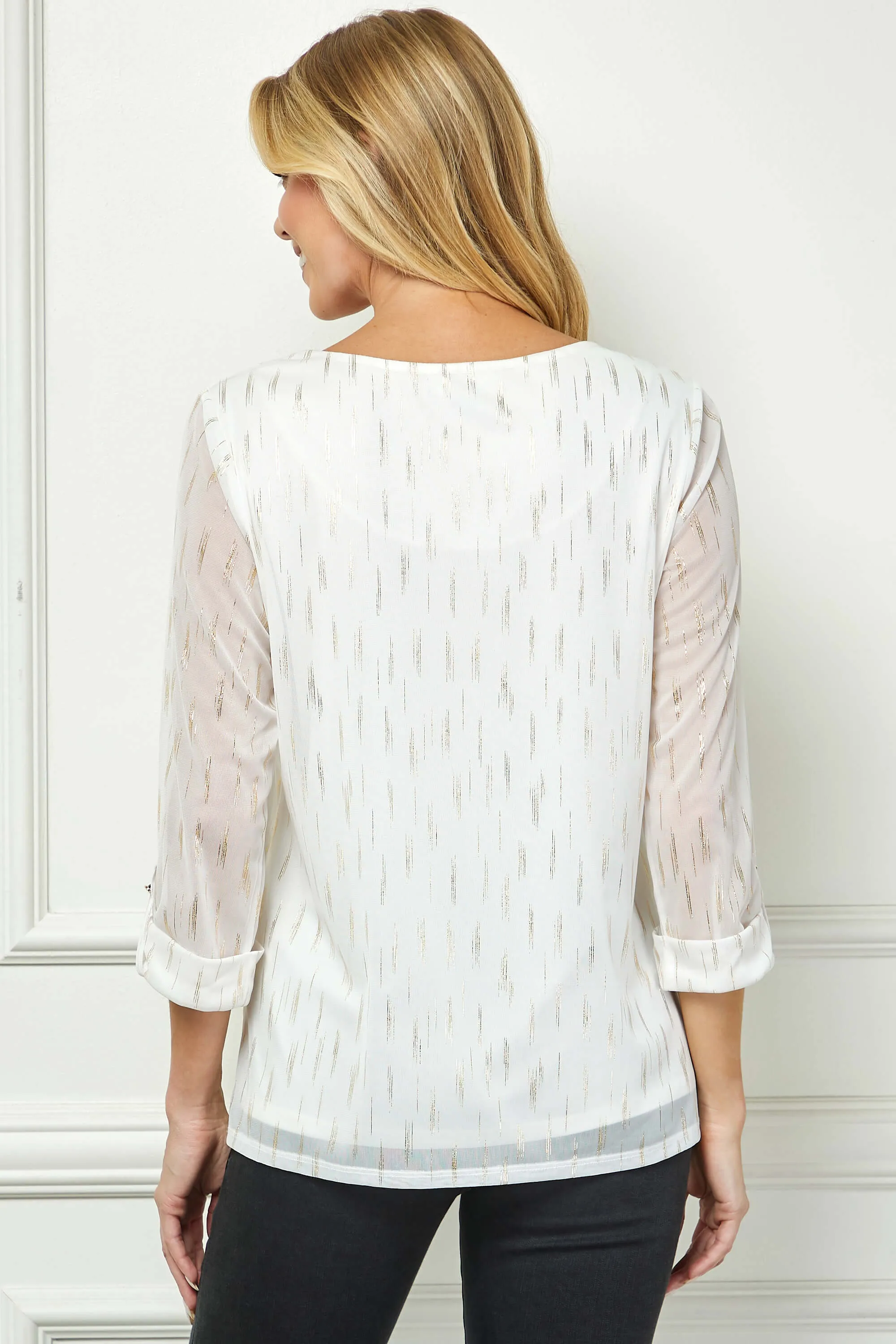 3/4 Button Tab Sleeve Scoop Neck Foil Blouse in Ivory sold by Dress Barn product image thumbnail 4