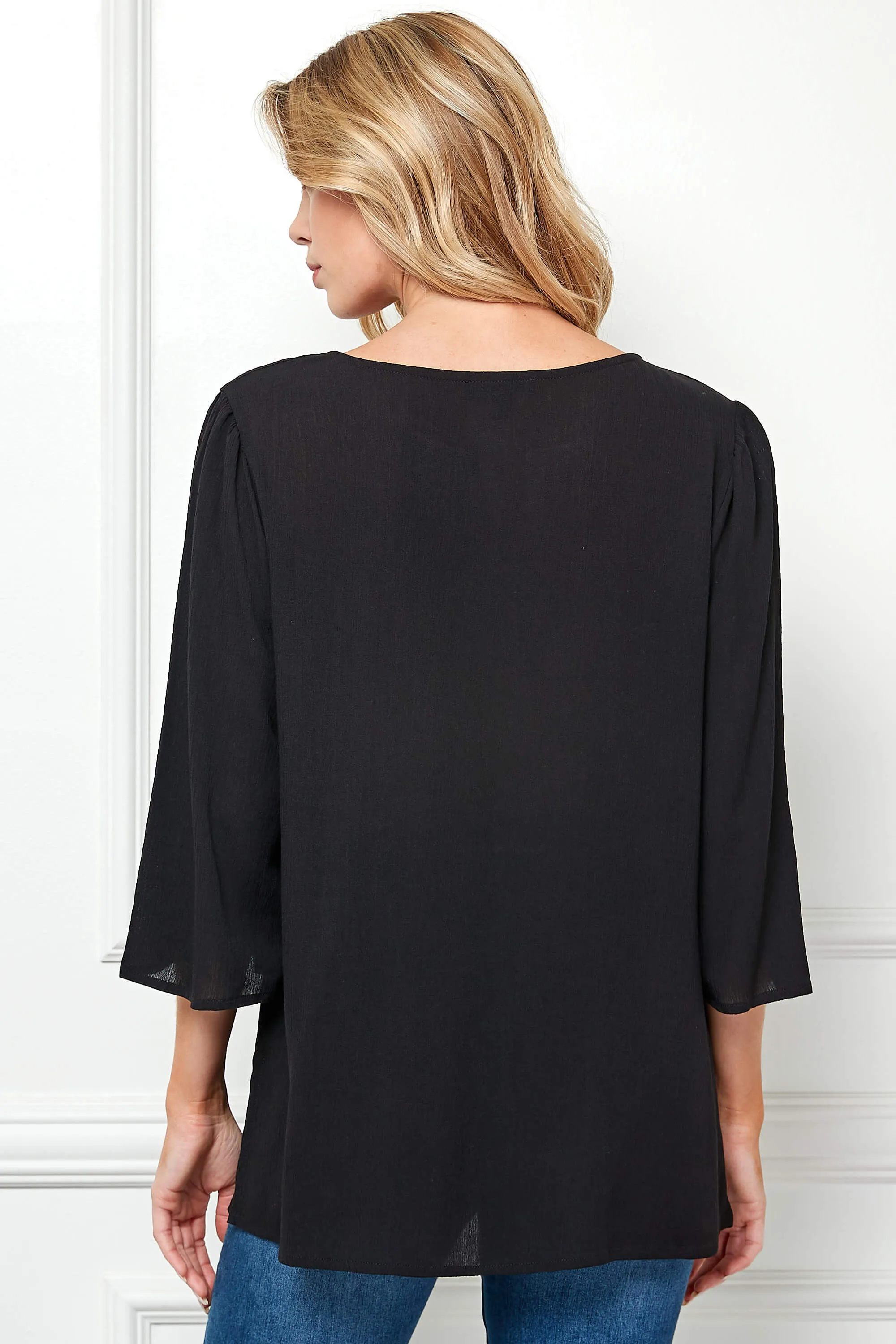 Roz and Ali 3/4 Flare Sleeve Embroidered Yoke Tunic in Black sold by Dress Barn product image thumbnail 4