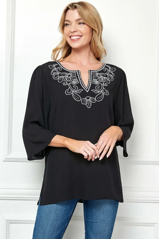 Roz and Ali 3/4 Flare Sleeve Embroidered Yoke Tunic in Black sold by Dress Barn