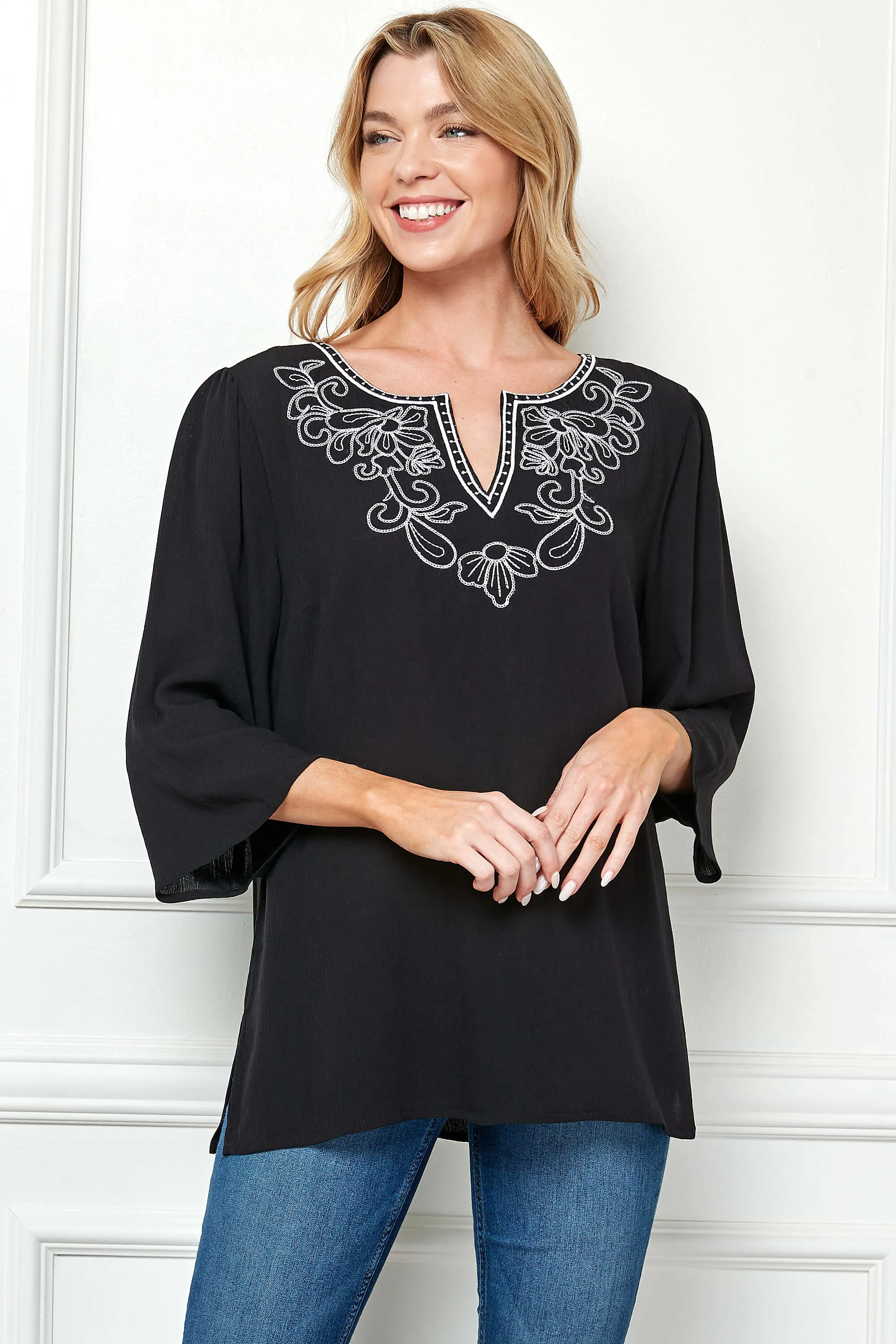 Roz and Ali 3/4 Flare Sleeve Embroidered Yoke Tunic in Black sold by Dress Barn