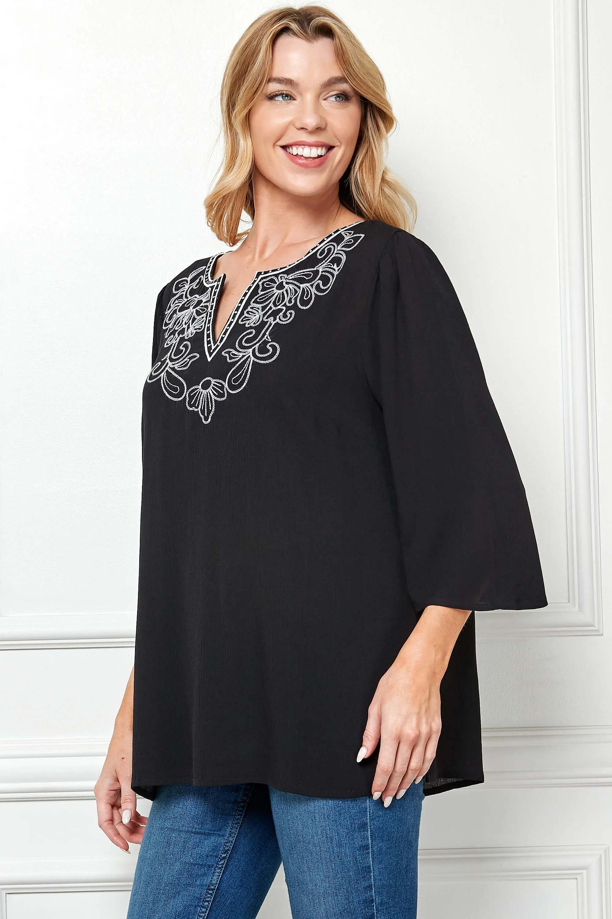 Roz and Ali 3/4 Flare Sleeve Embroidered Yoke Tunic in Black sold by Dress Barn product image thumbnail 3