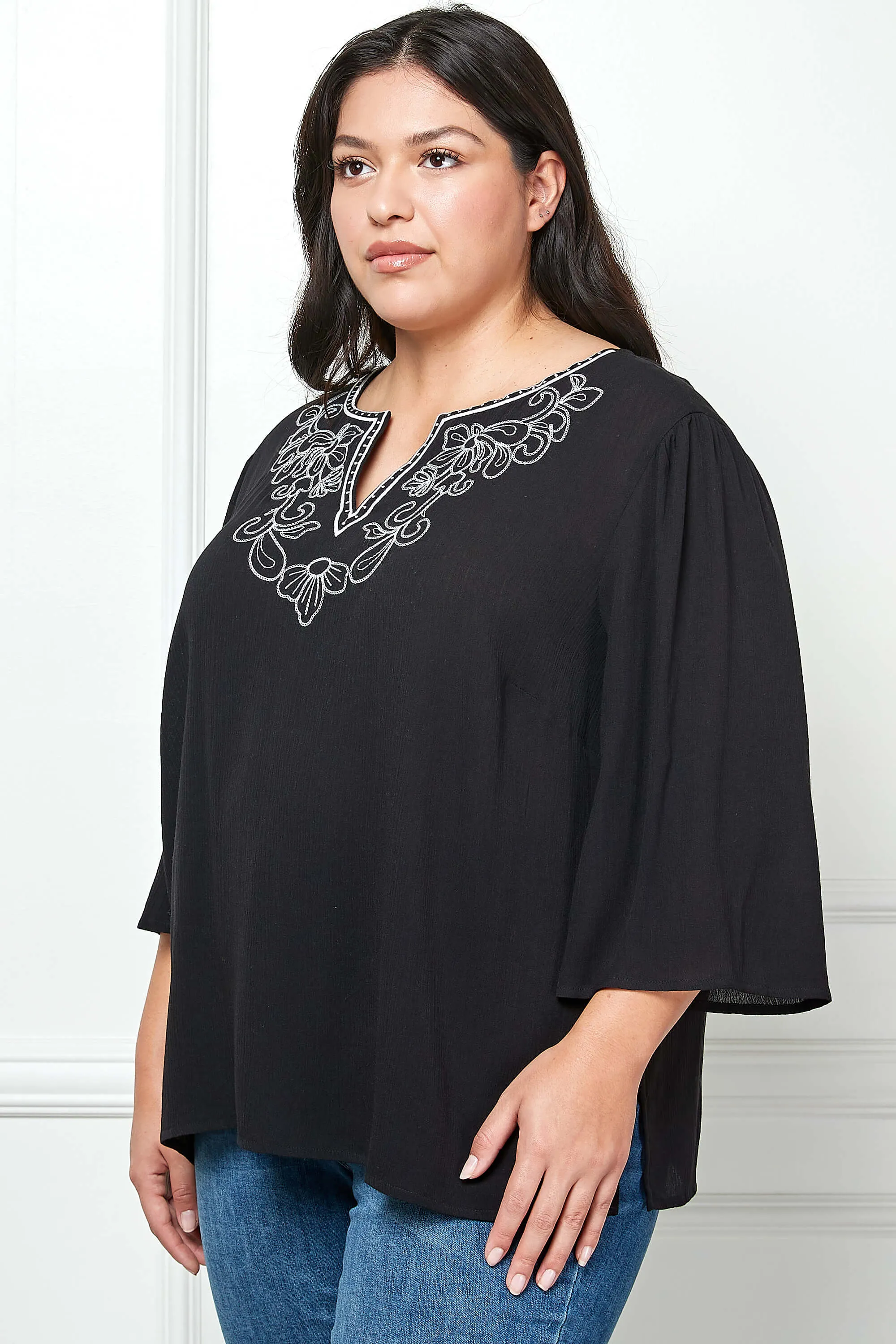 Roz and Ali 3/4 Flare Sleeve Embroidered Yoke Tunic in Black - Plus sold by Dress Barn product image thumbnail 3