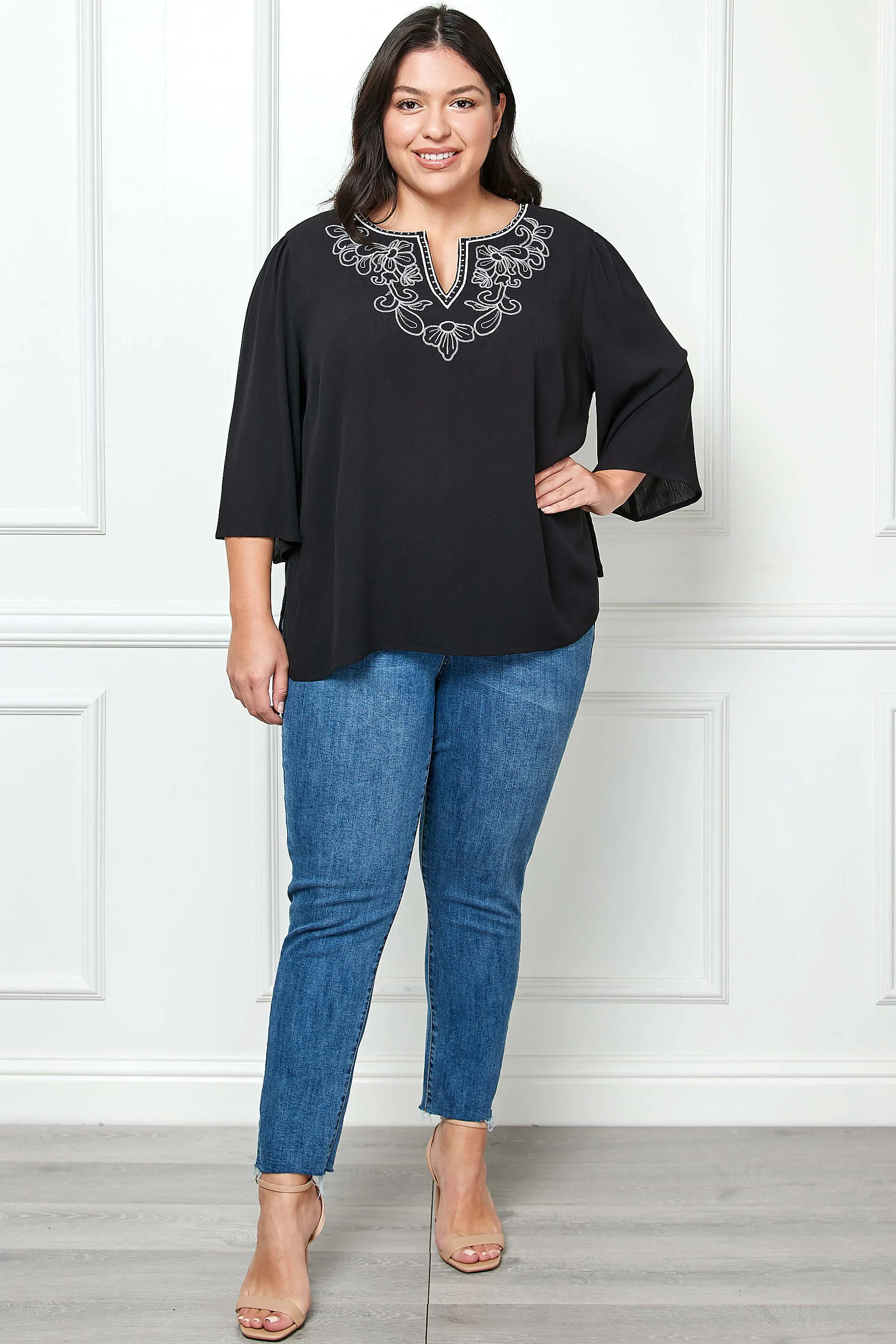 Roz and Ali 3/4 Flare Sleeve Embroidered Yoke Tunic in Black - Plus sold by Dress Barn product image thumbnail 2