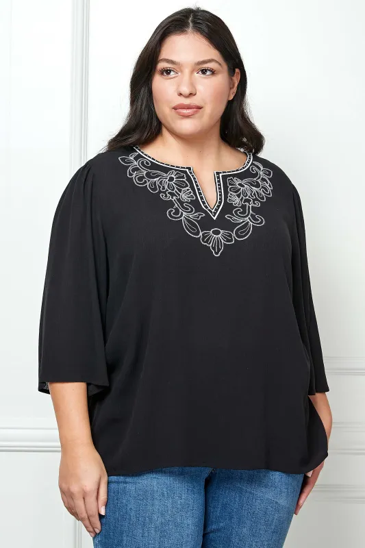 Roz and Ali 3/4 Flare Sleeve Embroidered Yoke Tunic in Black - Plus sold by Dress Barn