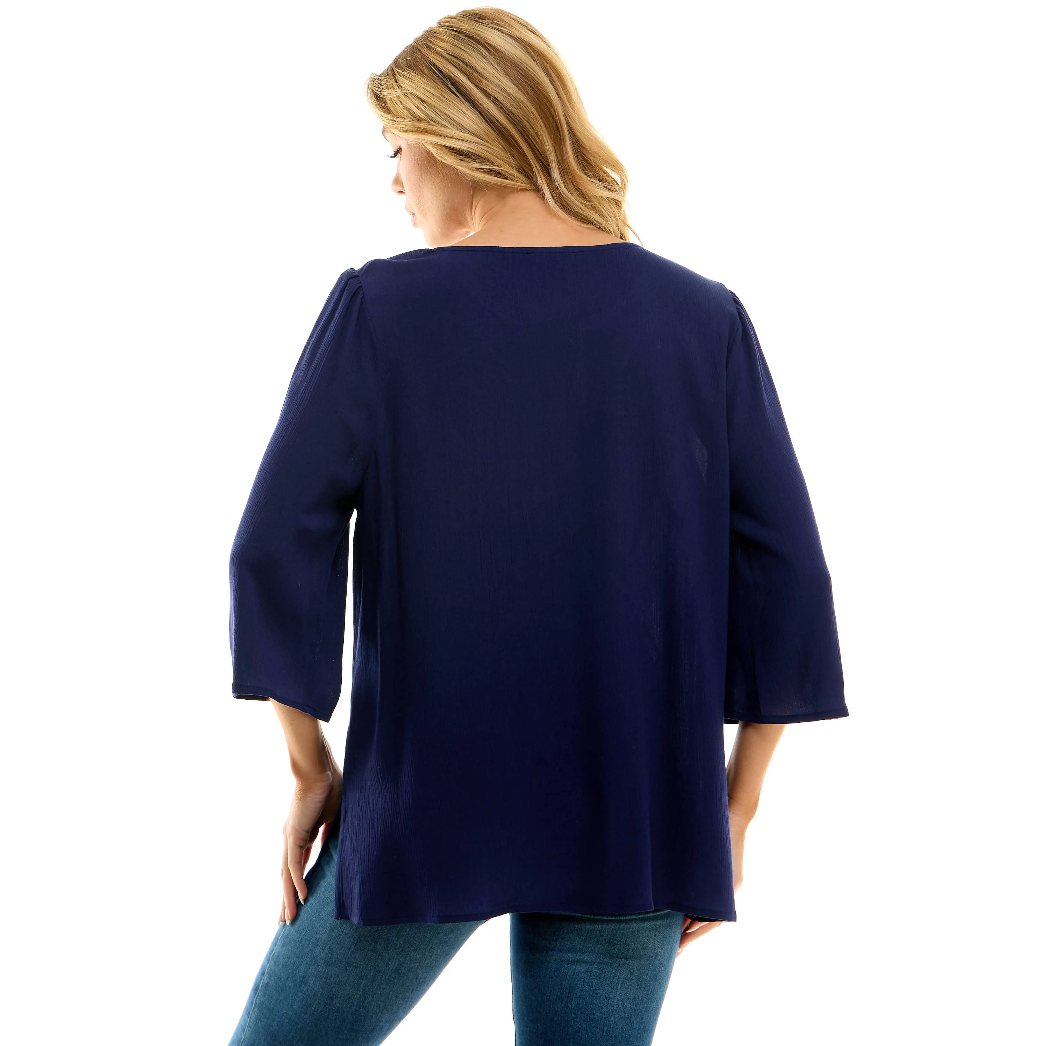 Roz and Ali 3/4 Flare Sleeve Embroidered Yoke Tunic in Navy sold by Dress Barn product image thumbnail 4