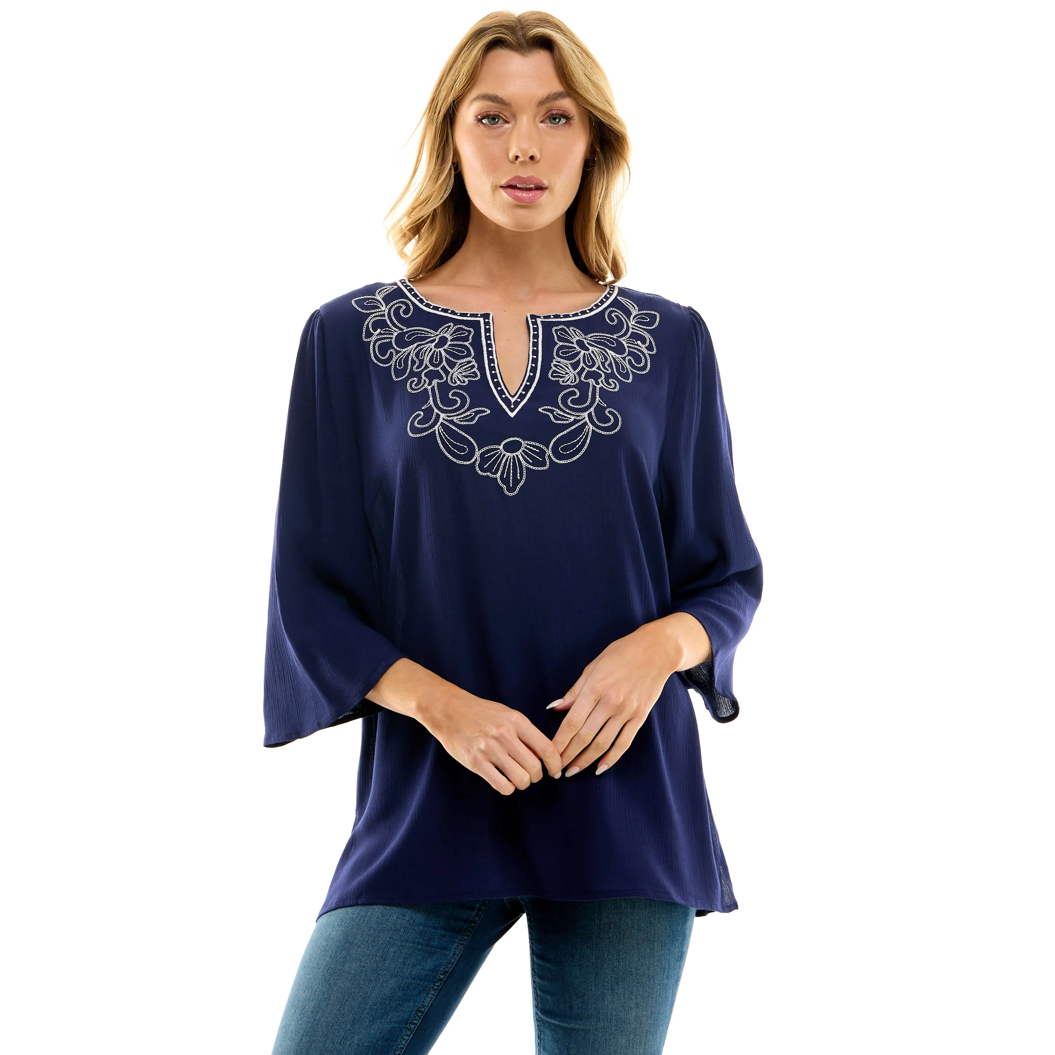 Roz and Ali 3/4 Flare Sleeve Embroidered Yoke Tunic in Navy sold by Dress Barn product image thumbnail 2