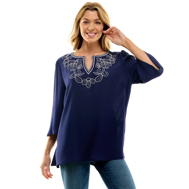 Roz and Ali 3/4 Flare Sleeve Embroidered Yoke Tunic in Navy sold by Dress Barn