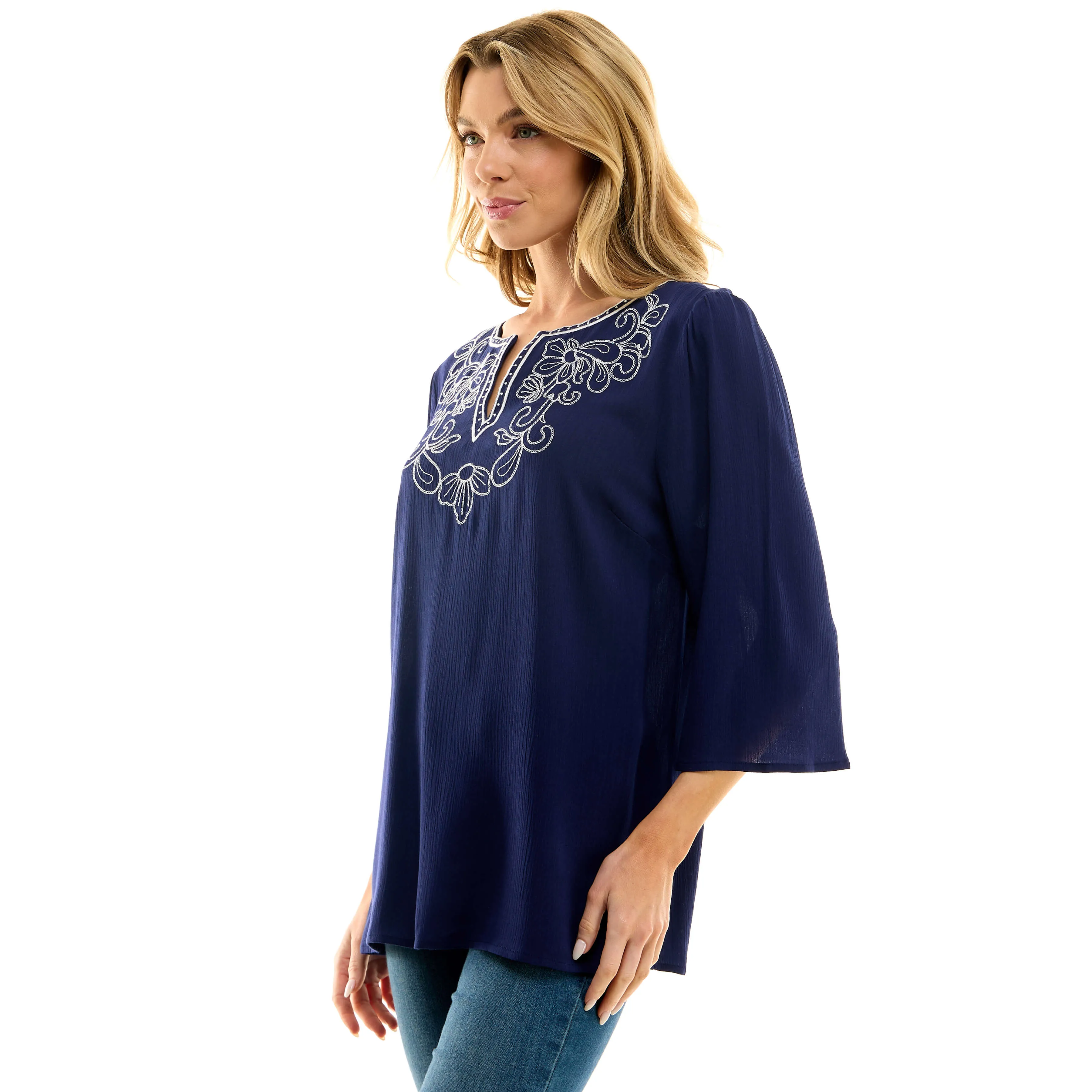 Roz and Ali 3/4 Flare Sleeve Embroidered Yoke Tunic in Navy sold by Dress Barn product image thumbnail 3
