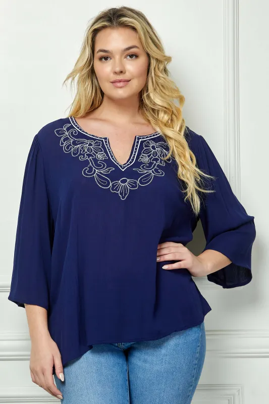 Roz and Ali 3/4 Flare Sleeve Embroidered Yoke Tunic in Navy - Plus sold by Dress Barn